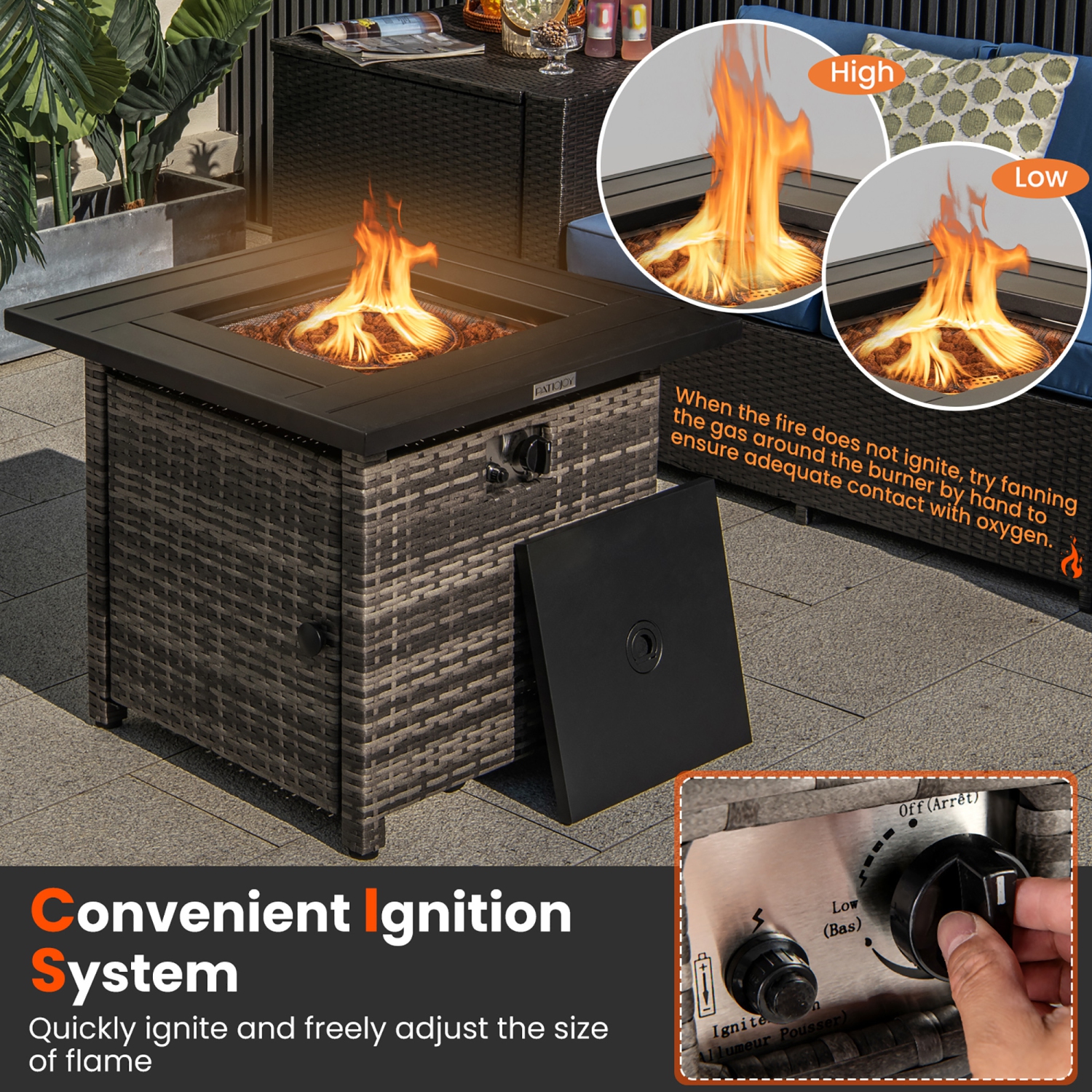 Gymax 29'' Propane Rattan Firepit Table w/ Lava Rocks & Protective Cover Metal Frame