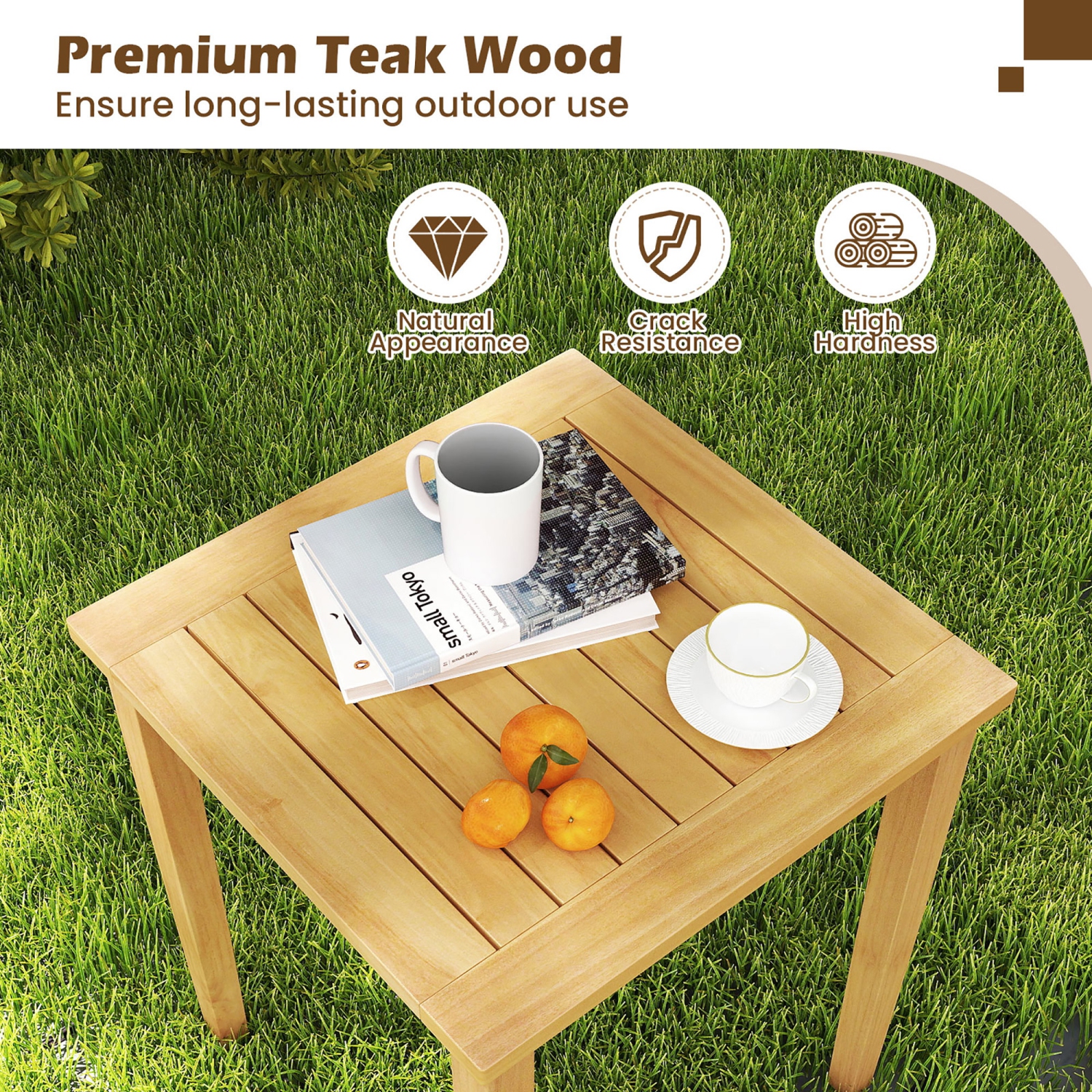 Gymax 2 PCS Patio Nesting Table Teak Wood Outdoor Space Saving Design Square End Table