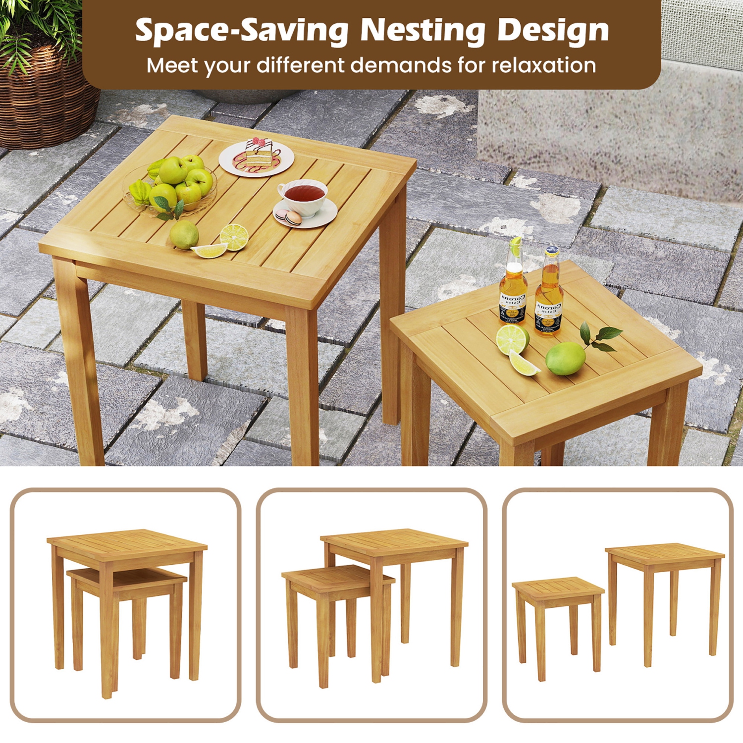 Gymax 2 PCS Patio Nesting Table Teak Wood Outdoor Space Saving Design Square End Table