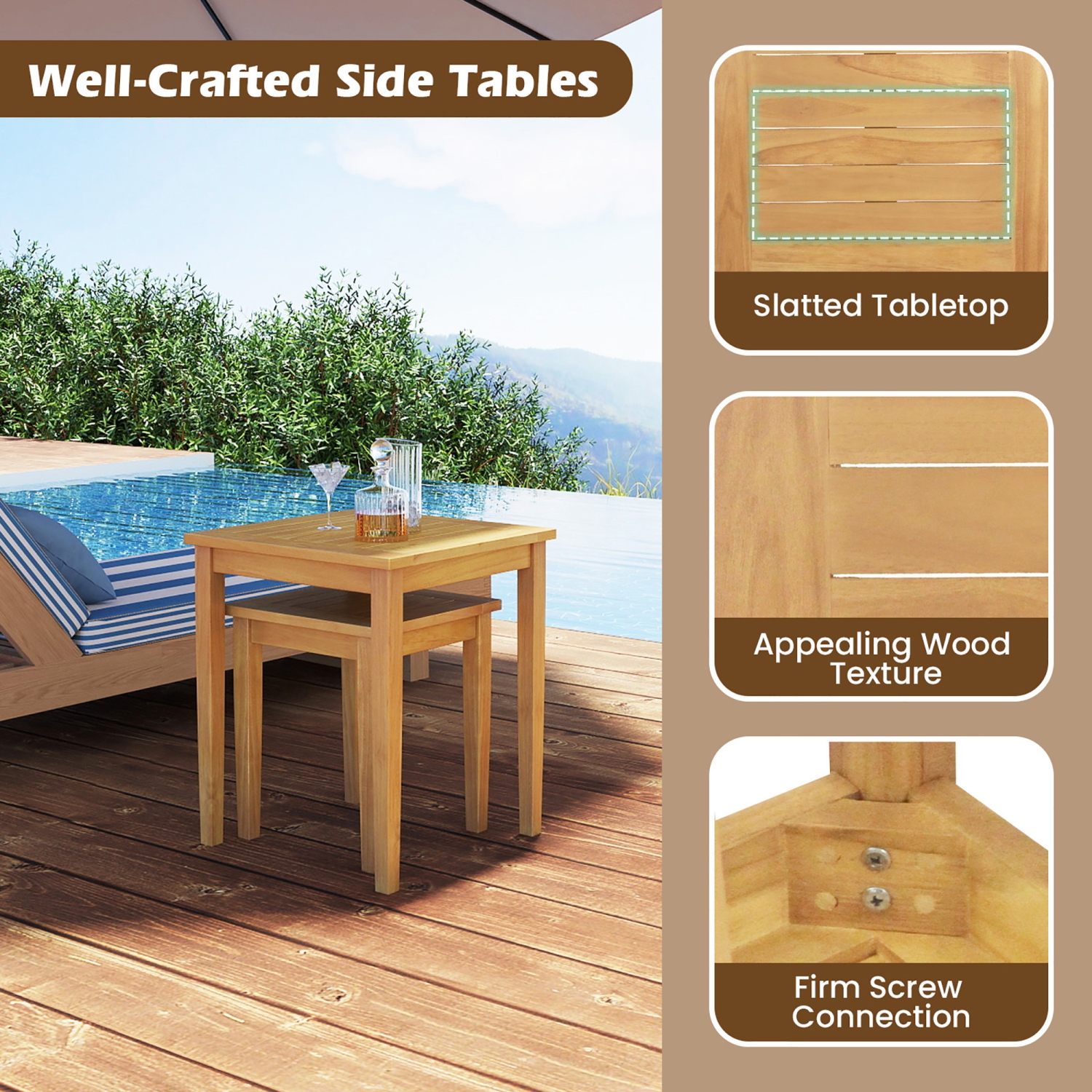 Gymax 2 PCS Patio Nesting Table Teak Wood Outdoor Space Saving Design Square End Table