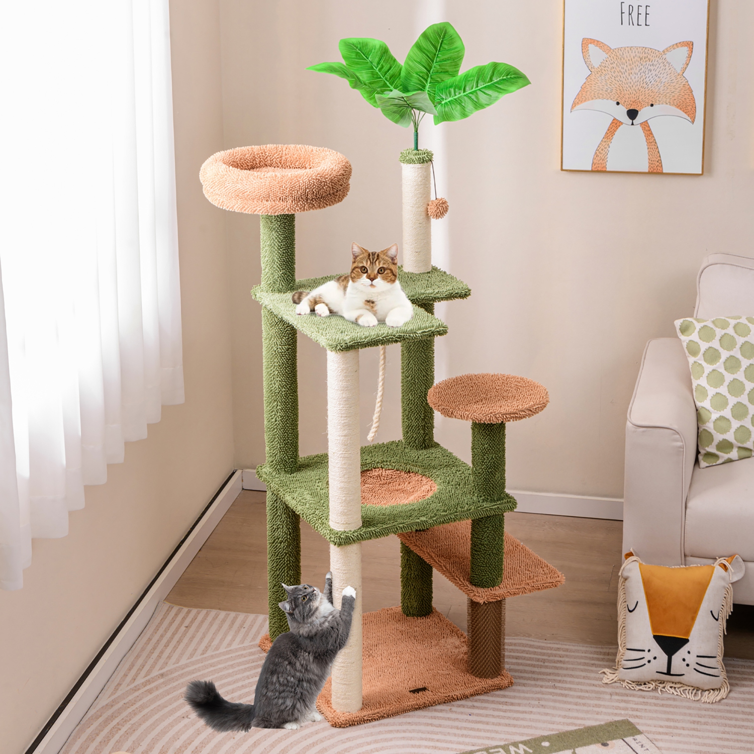Gymax 60'' Cat Tree for Indoor Cats Cute Cat Tower w/ Sisal Scratching Posts & Rope