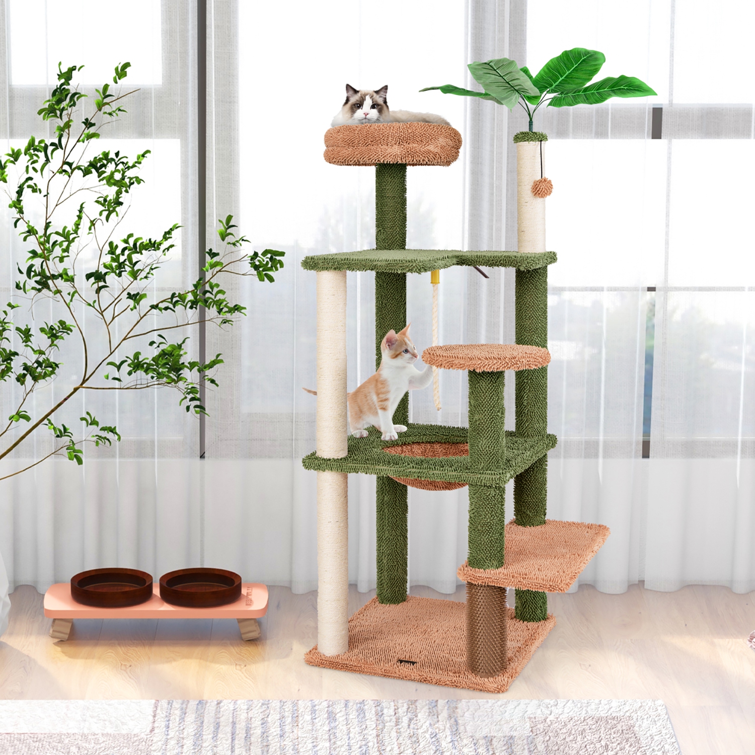 Gymax 60'' Cat Tree for Indoor Cats Cute Cat Tower w/ Sisal Scratching Posts & Rope