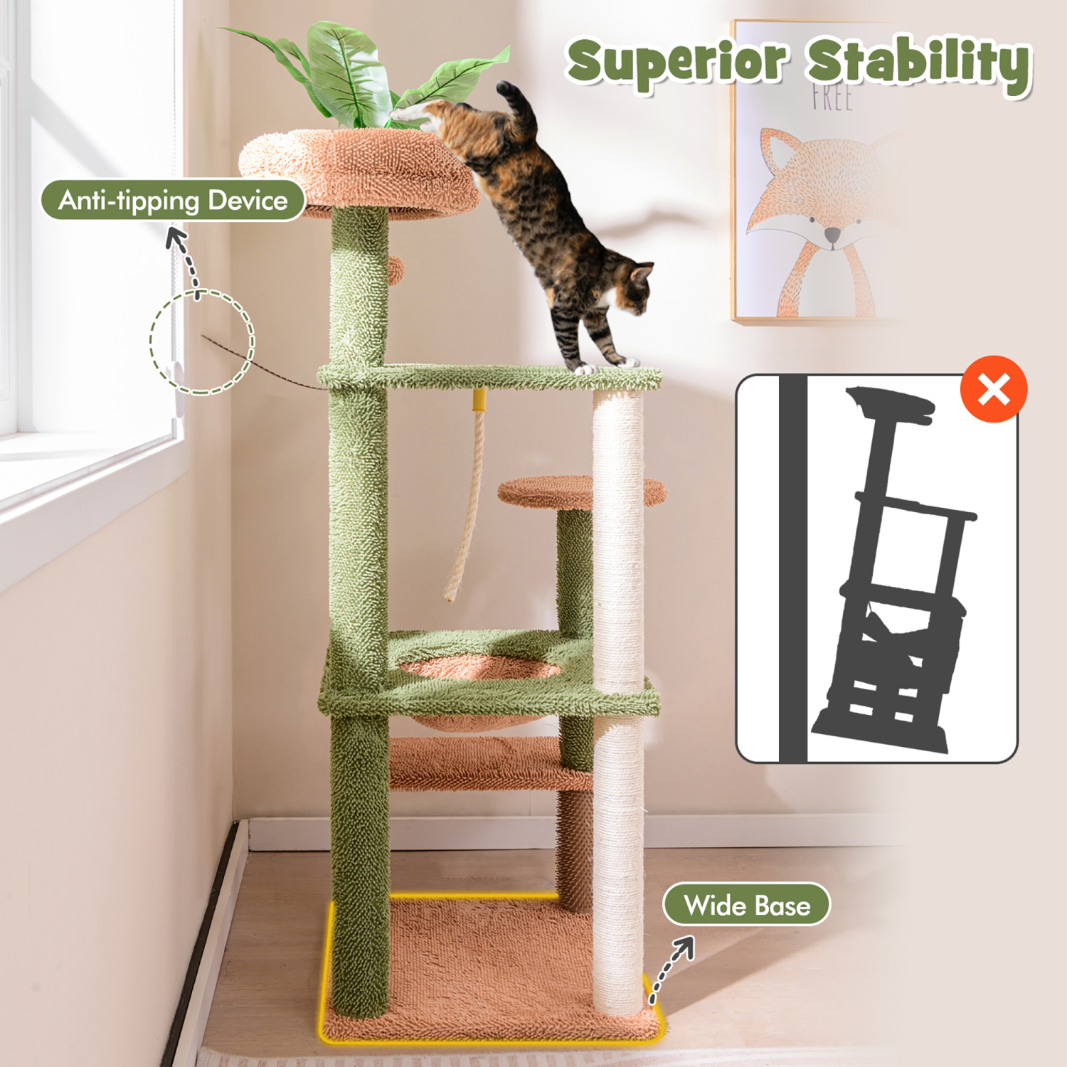 Gymax 60'' Cat Tree for Indoor Cats Cute Cat Tower w/ Sisal Scratching Posts & Rope
