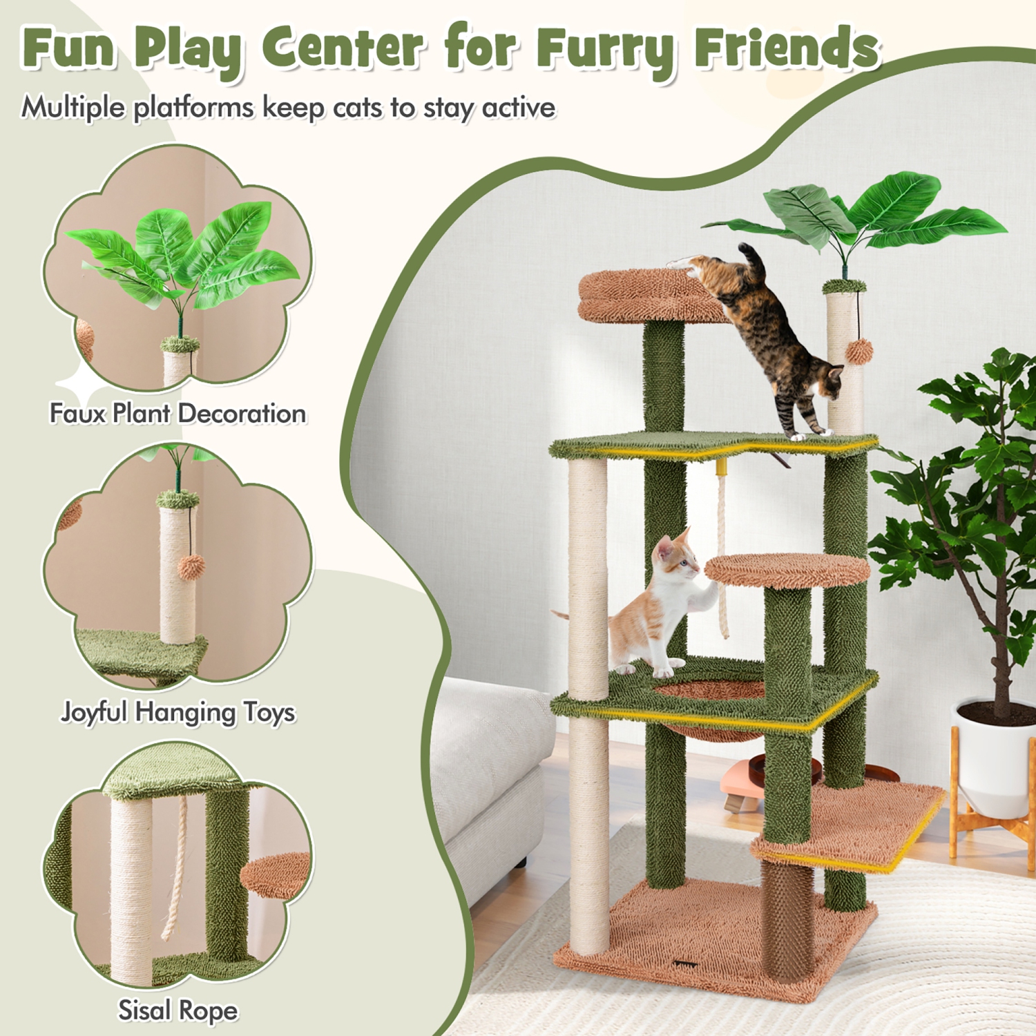 Gymax 60'' Cat Tree for Indoor Cats Cute Cat Tower w/ Sisal Scratching Posts & Rope