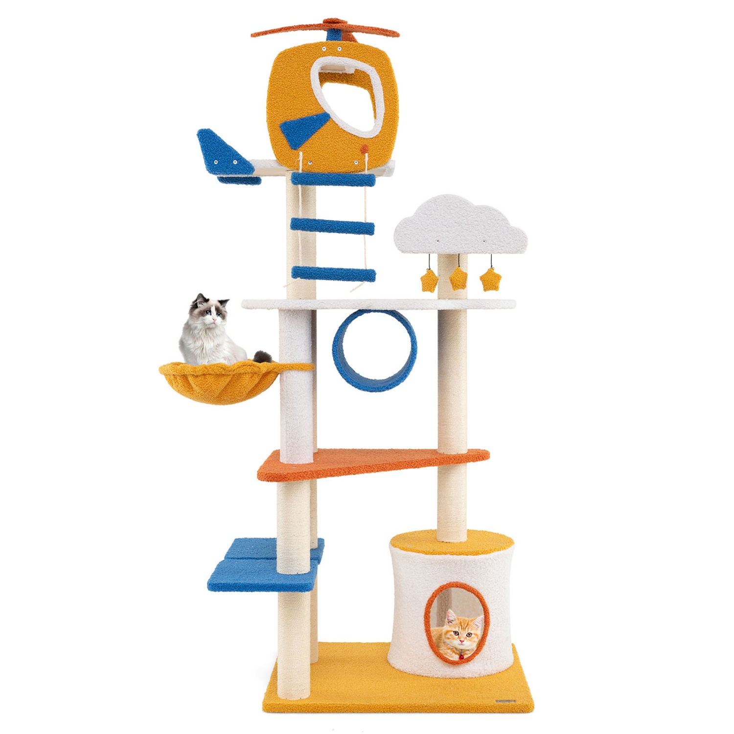 Gymax 70'' Tall Aviation-themed Cat Tree w/ Helicopter Top Perch Platforms Basket Bed