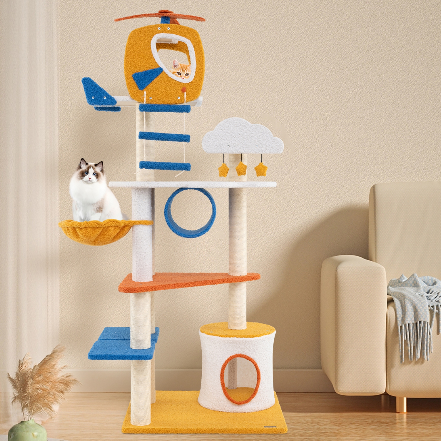 Gymax 70'' Tall Aviation-themed Cat Tree w/ Helicopter Top Perch Platforms Basket Bed