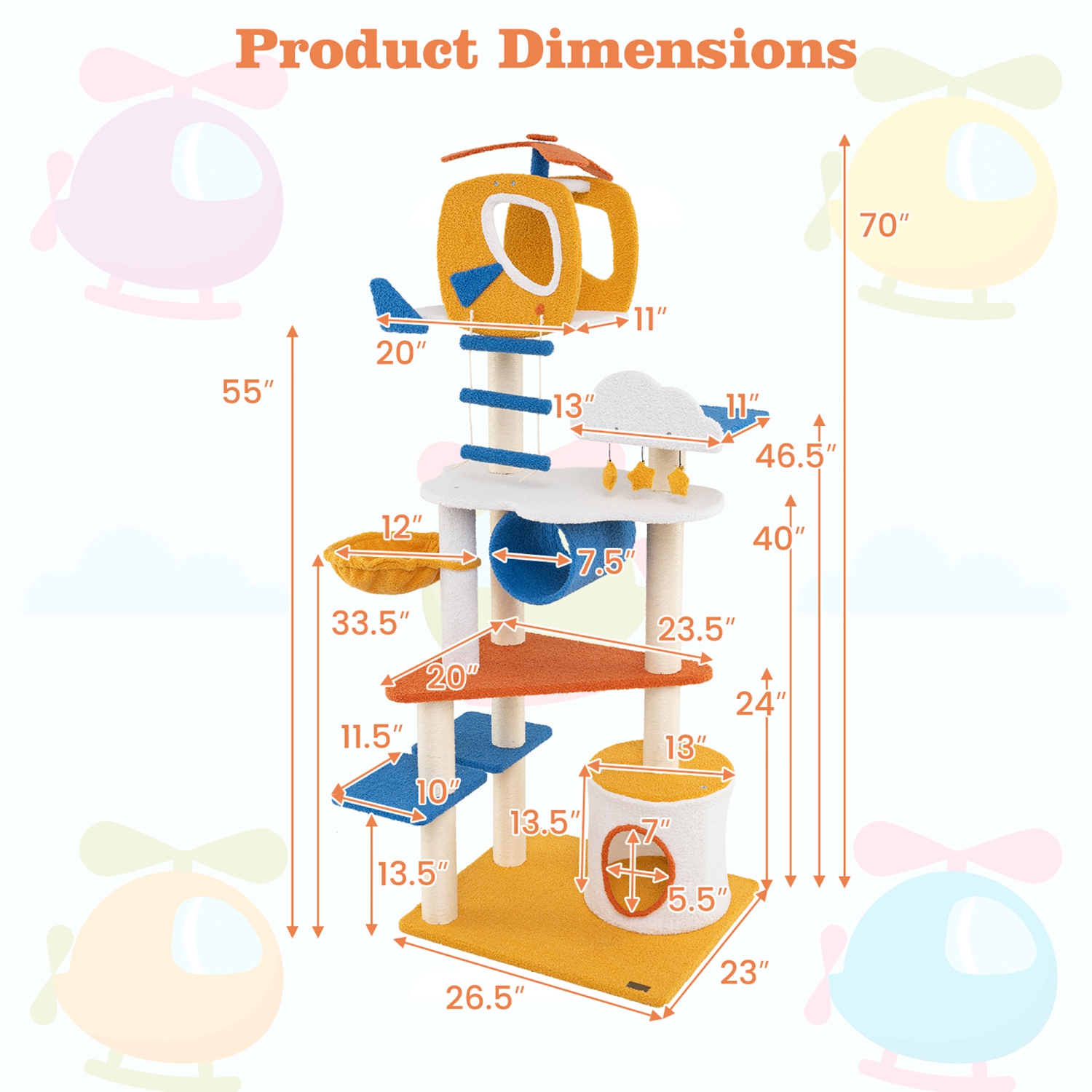 Gymax 70'' Tall Aviation-themed Cat Tree w/ Helicopter Top Perch Platforms Basket Bed