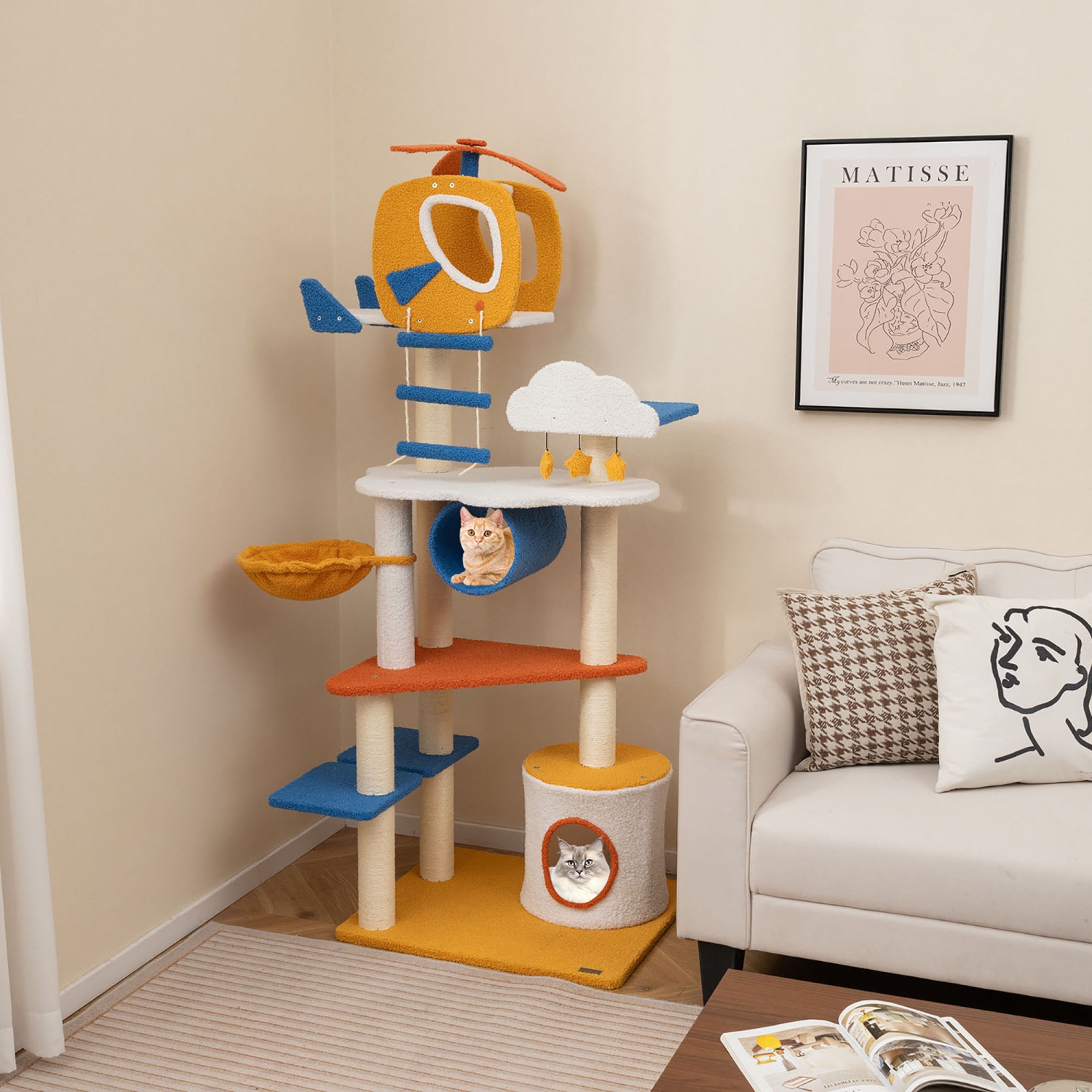 Gymax 70'' Tall Aviation-themed Cat Tree w/ Helicopter Top Perch Platforms Basket Bed