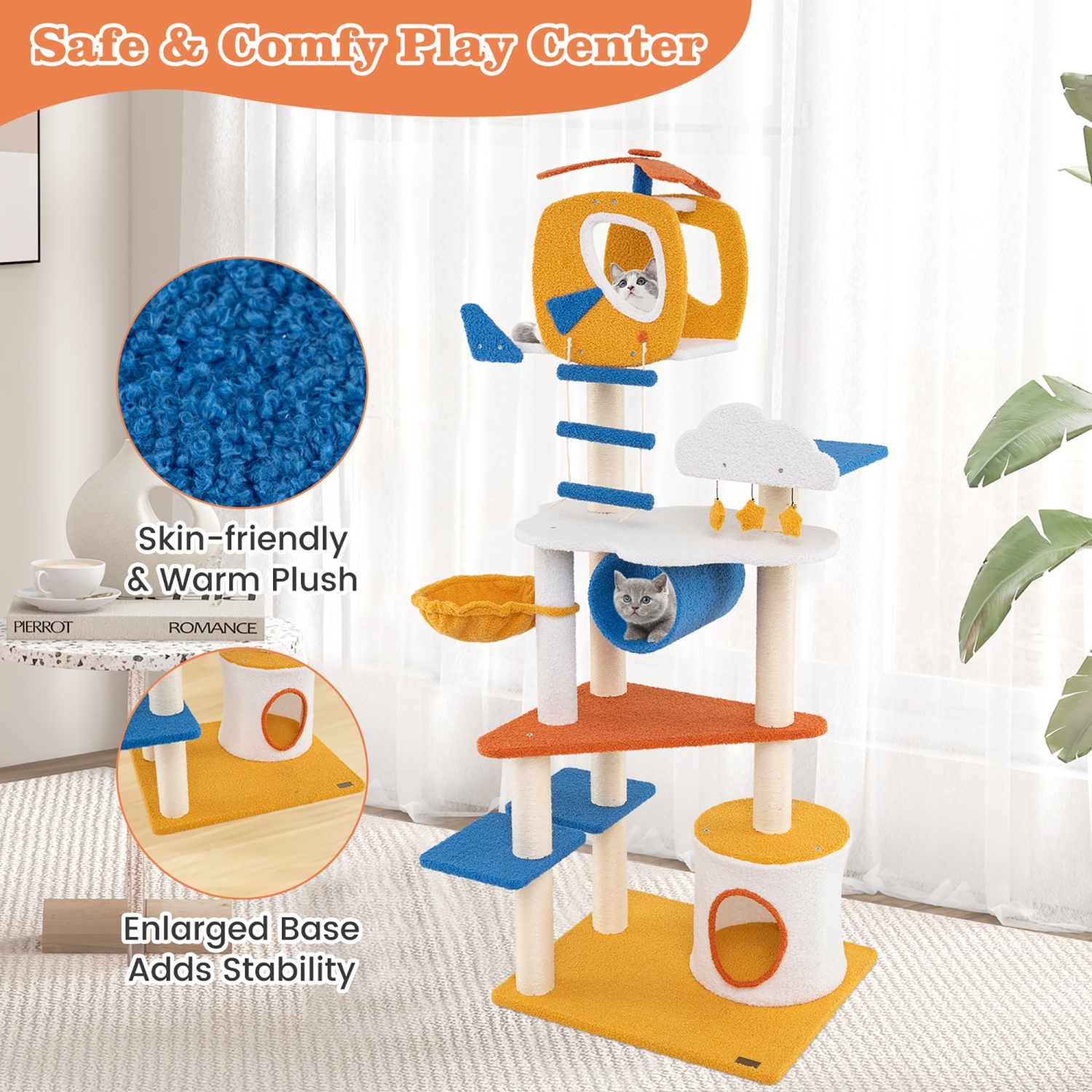 Gymax 70'' Tall Aviation-themed Cat Tree w/ Helicopter Top Perch Platforms Basket Bed