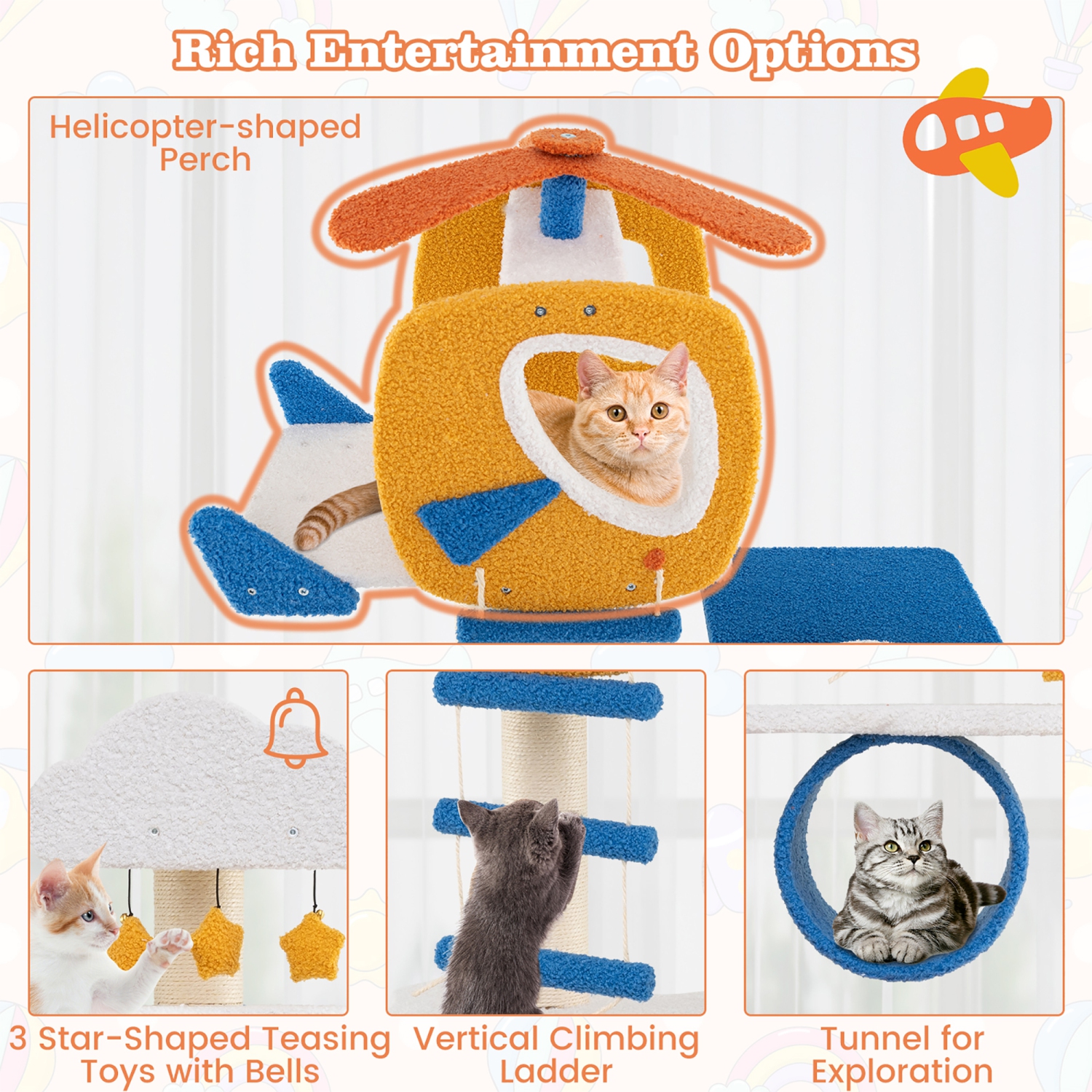 Gymax 70'' Tall Aviation-themed Cat Tree w/ Helicopter Top Perch Platforms Basket Bed
