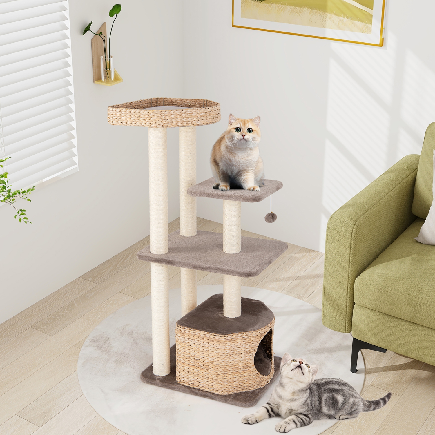 Gymax 52'' Cattail Cat Tower w/ Sisal Scratching Posts Perch Dangling Ball Cat Tree