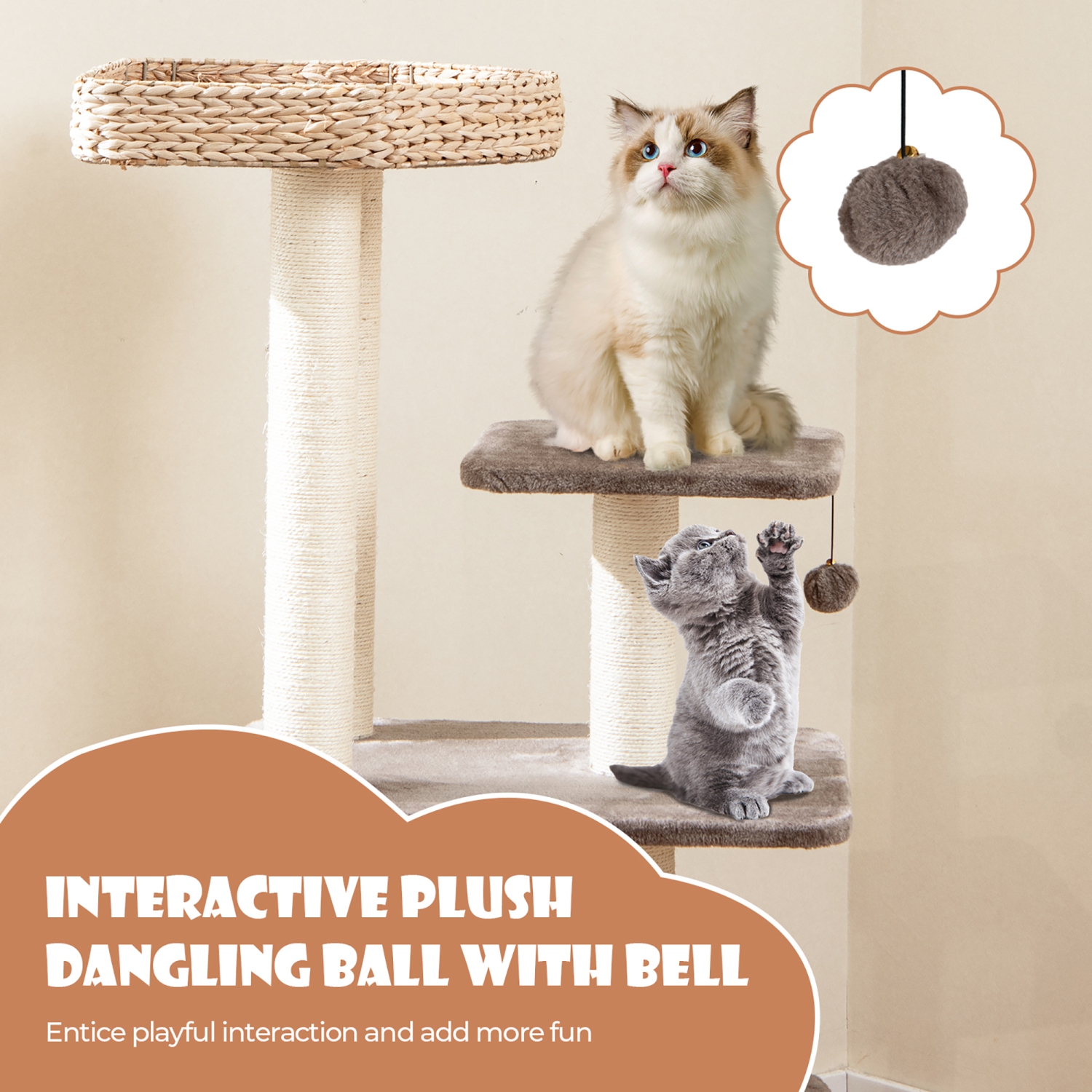 Gymax 52'' Cattail Cat Tower w/ Sisal Scratching Posts Perch Dangling Ball Cat Tree