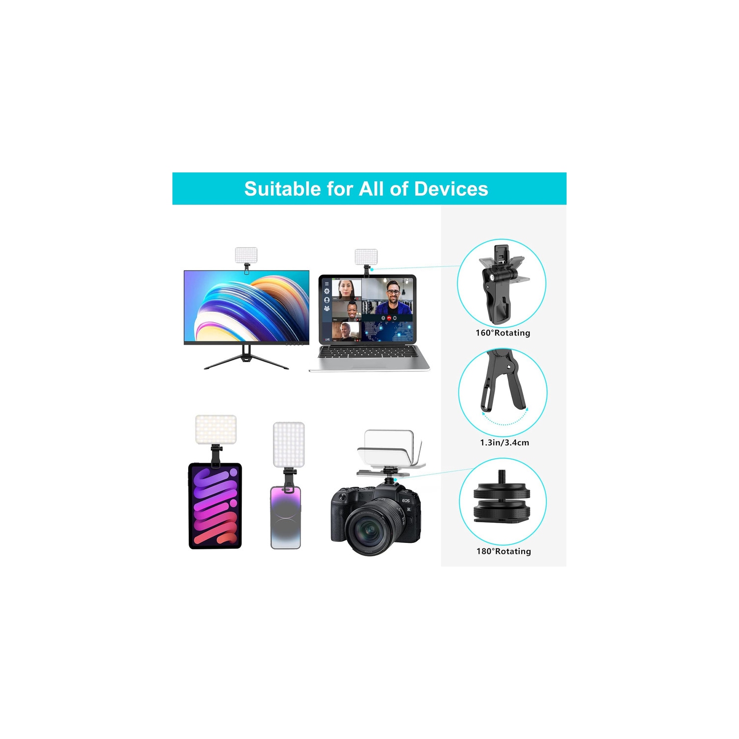 Lampe à égoportrait, lampe d'appoint rechargeable à 60 DEL 2200 mAh pour téléphone cellulaire, 7 modes, luminosité à 10 niveaux, lampe portative