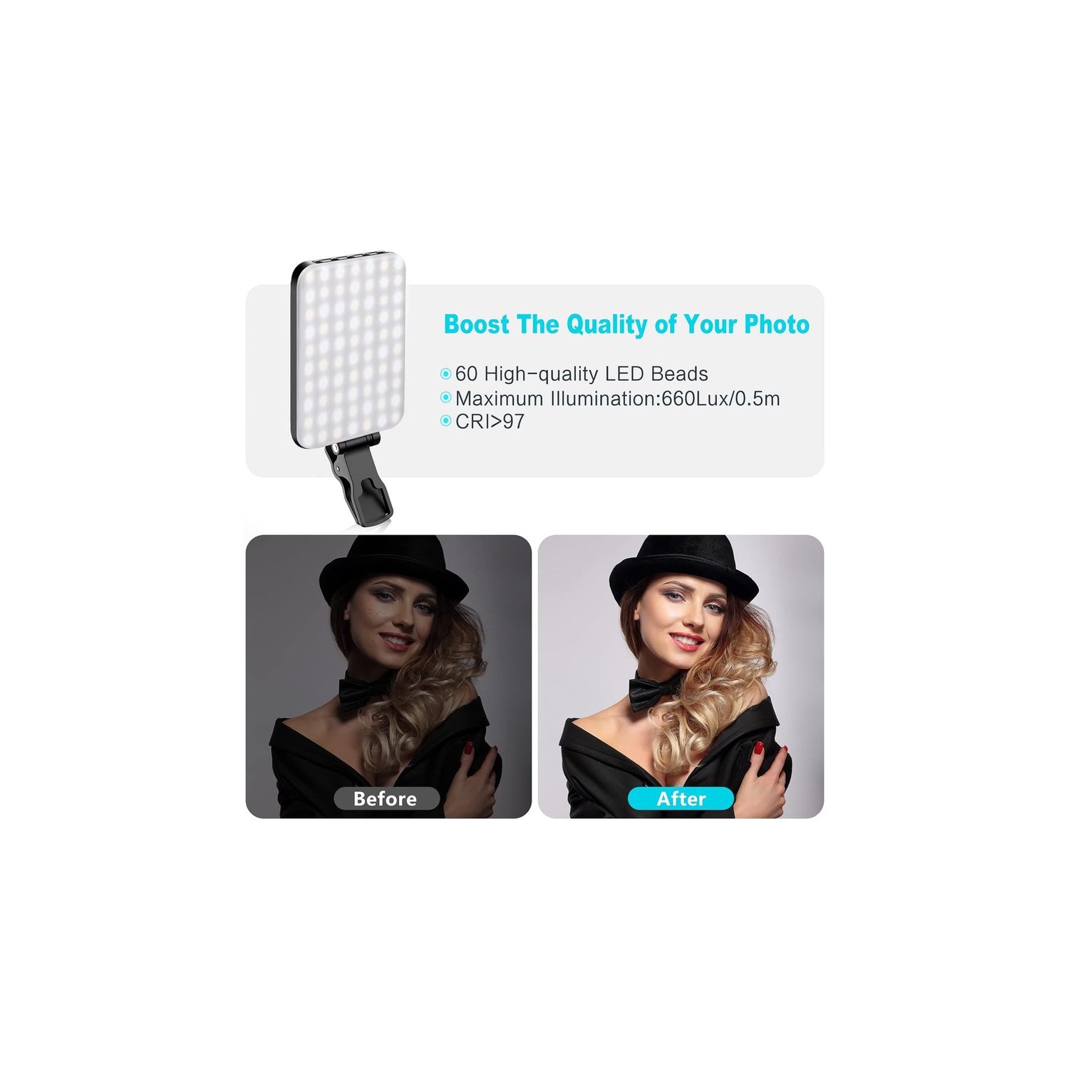 Lampe à égoportrait, lampe d'appoint rechargeable à 60 DEL 2200 mAh pour téléphone cellulaire, 7 modes, luminosité à 10 niveaux, lampe portative