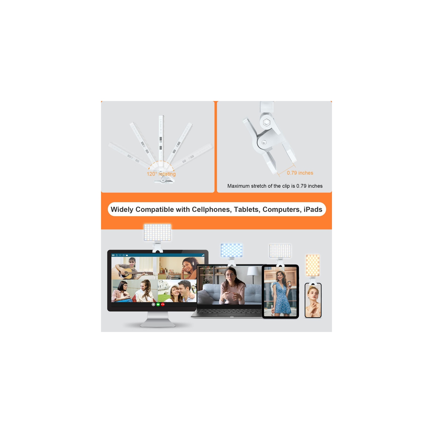 Phone Light with Cell Phone Clip, 80 LED Selfie Light for iPhone with 3 Lights and Infinite Adjustment Modes, 5000mAh Phone Light Clip