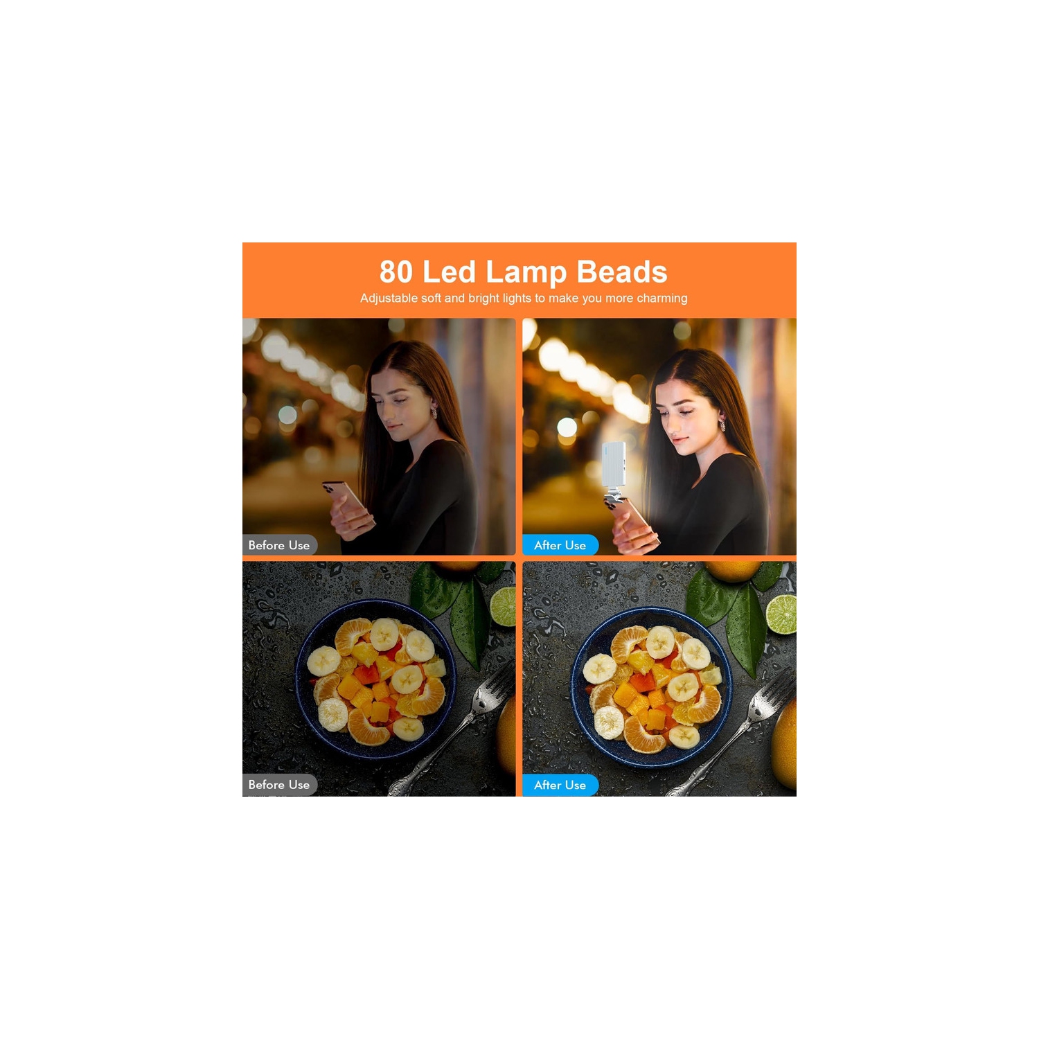 Phone Light with Cell Phone Clip, 80 LED Selfie Light for iPhone with 3 Lights and Infinite Adjustment Modes, 5000mAh Phone Light Clip