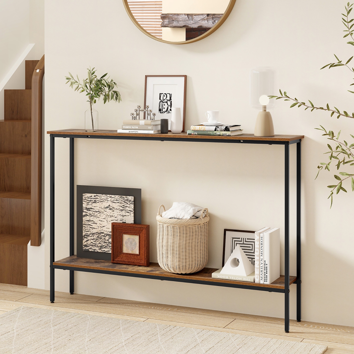 Gymax 44'' Narrow Entryway Table Console Table w/ Shelf & Dual Anti-Tipping Kits Brown & Black