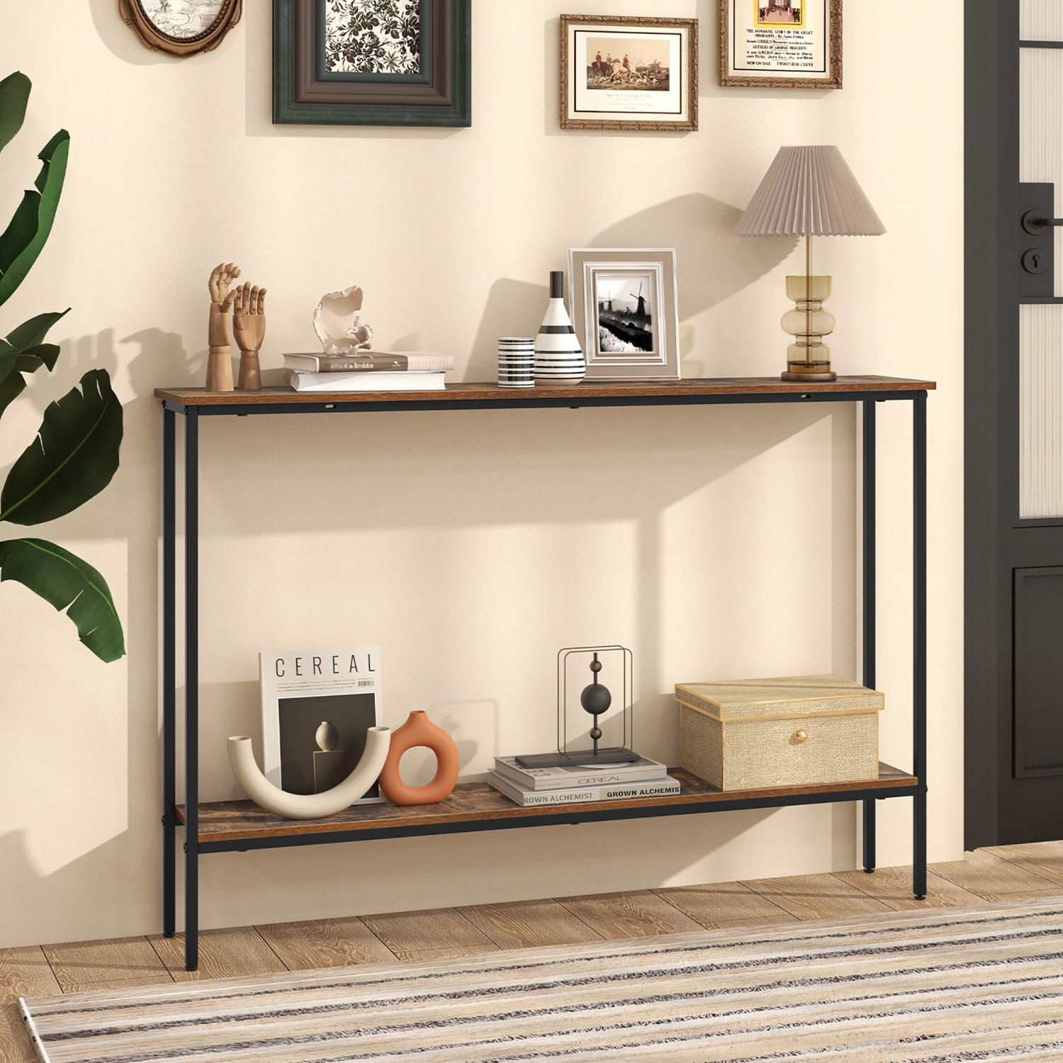 Gymax 44'' Narrow Entryway Table Console Table w/ Shelf & Dual Anti-Tipping Kits Brown & Black