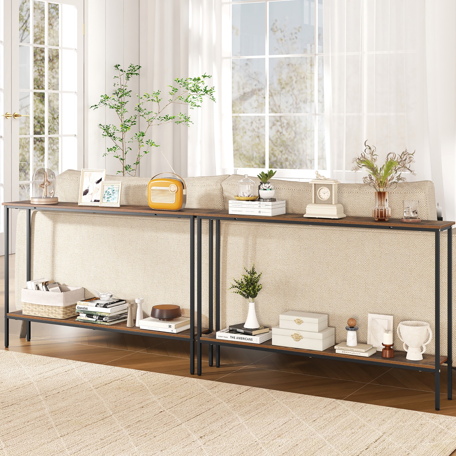 Gymax 44'' Narrow Entryway Table Console Table w/ Shelf & Dual Anti-Tipping Kits Brown & Black