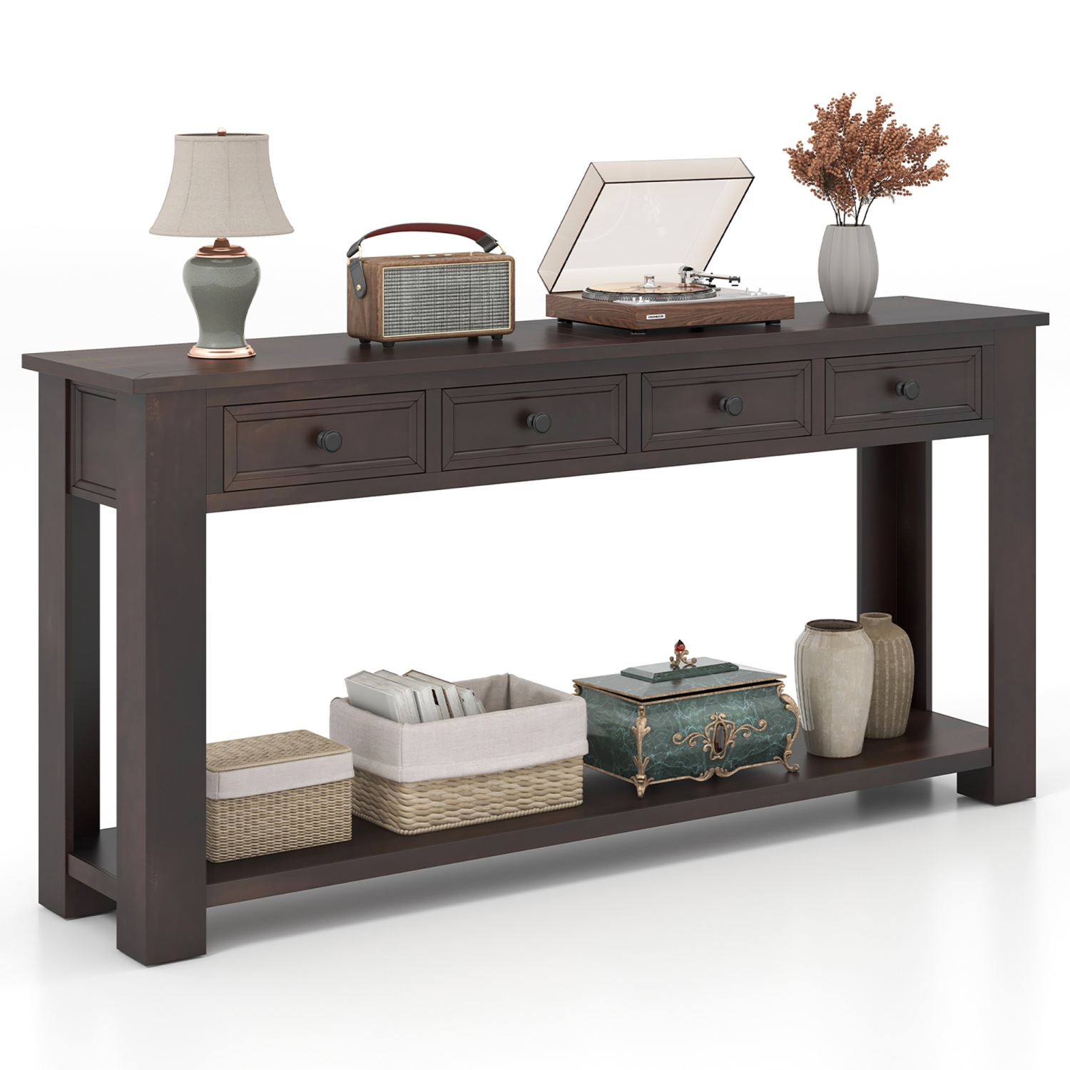 Gymax 63'' Farmhouse Entryway Table with 4 Storage Drawers and Open Shelf Espresso