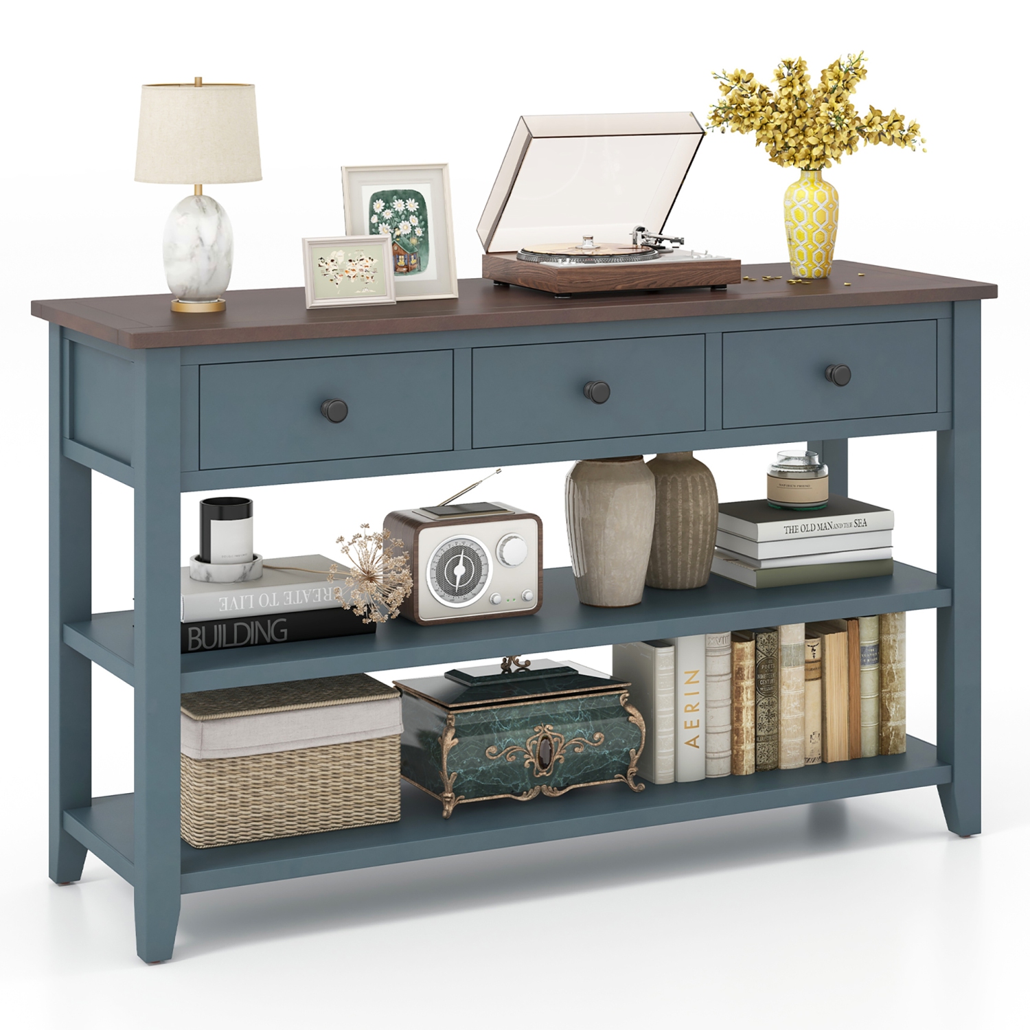 Gymax 50'' Farmhouse Entryway Table w/3 Storage Drawers and 2 Open Shelves for Hallway