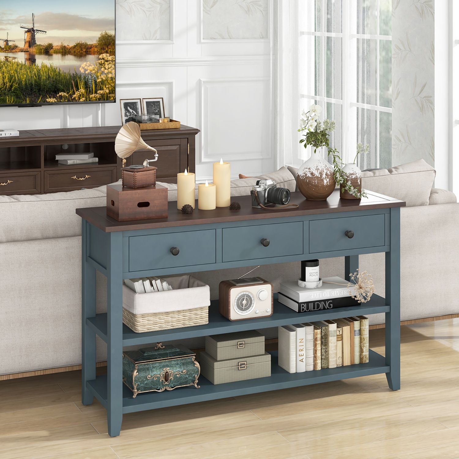 Gymax 50'' Farmhouse Entryway Table w/3 Storage Drawers and 2 Open Shelves for Hallway
