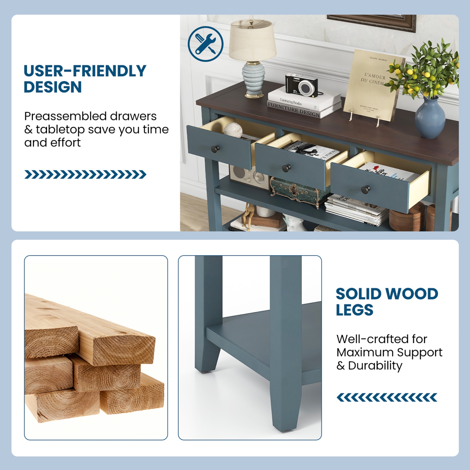 Gymax 50'' Farmhouse Entryway Table w/3 Storage Drawers and 2 Open Shelves for Hallway