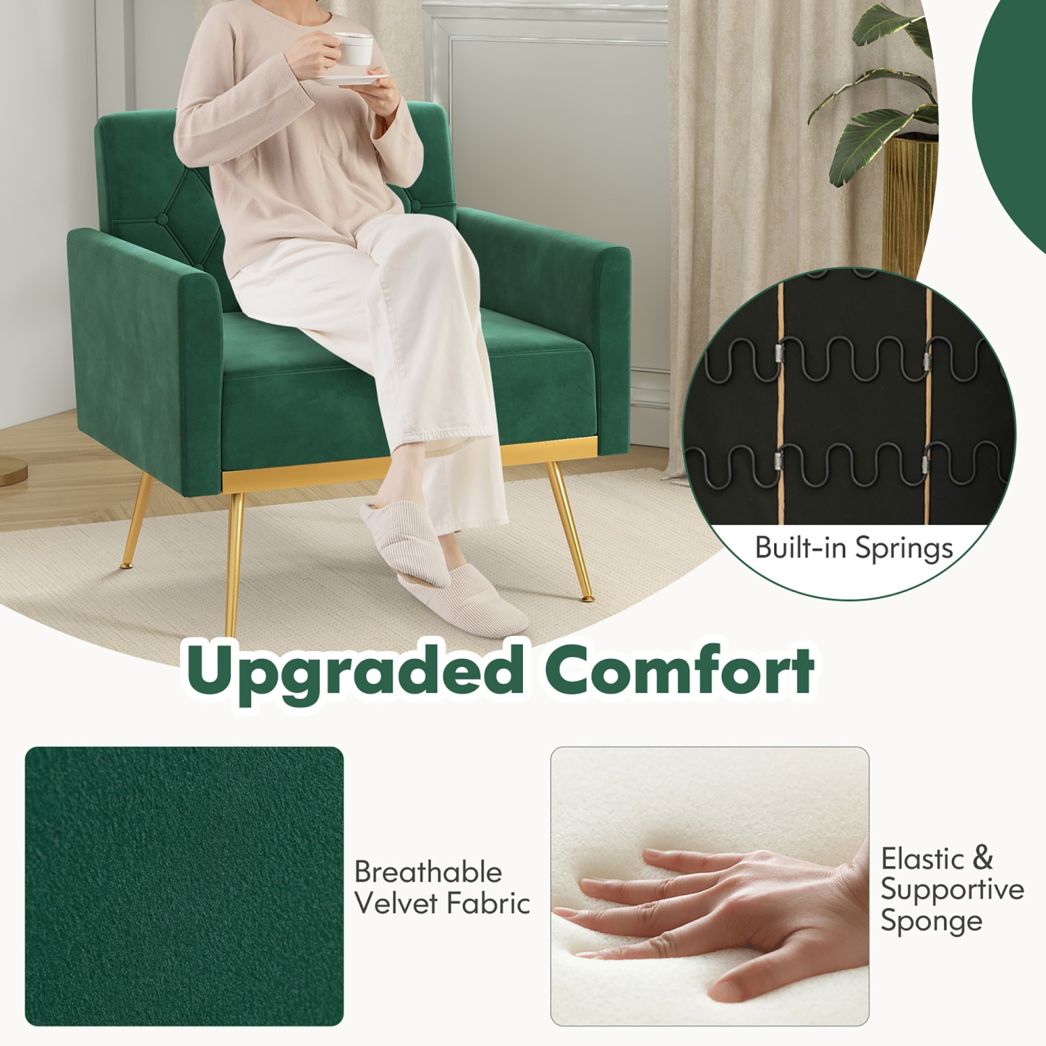 Gymax 2PCS Modern Velvet Accent Chair w/ Button Tufted Back Golden Metal Legs