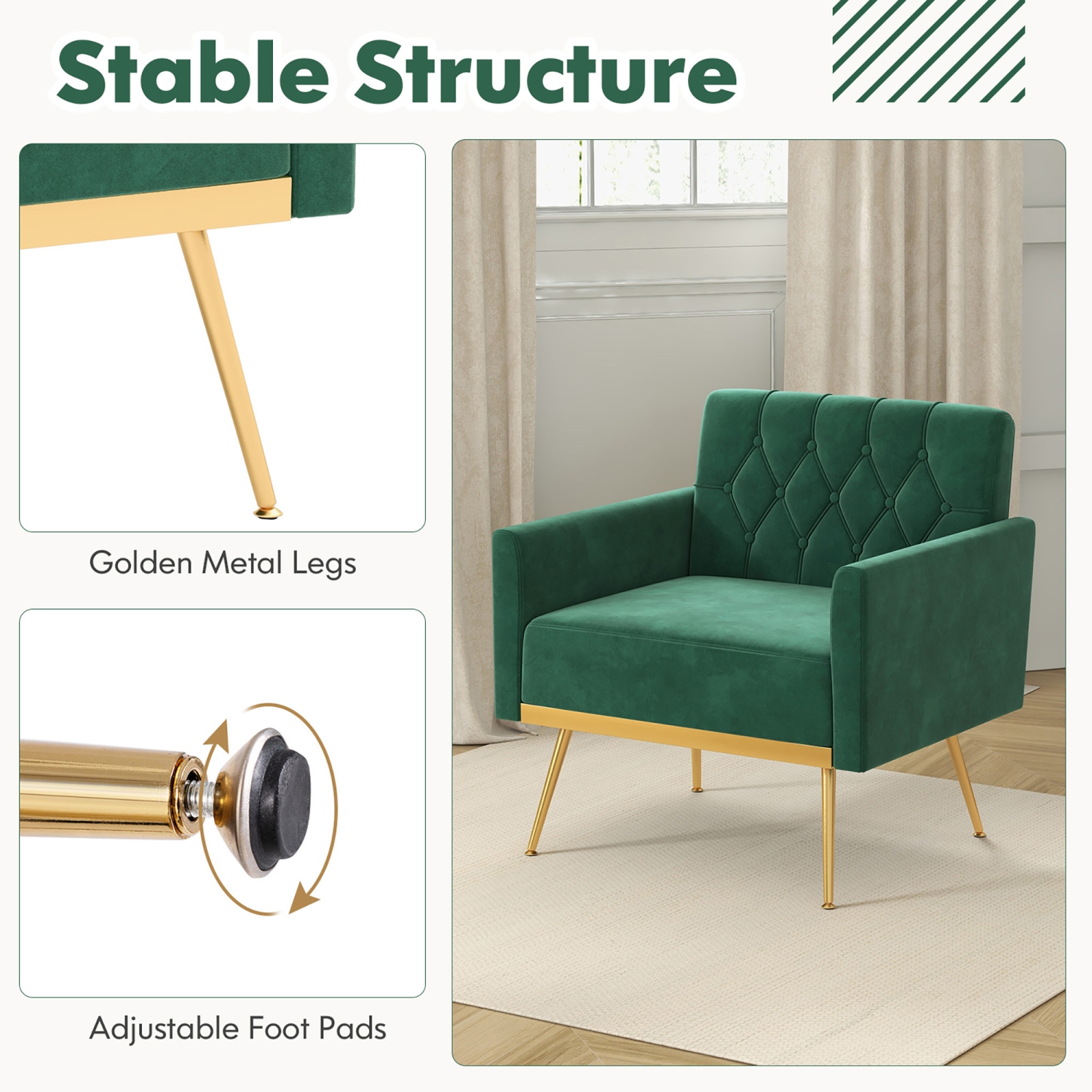 Gymax 2PCS Modern Velvet Accent Chair w/ Button Tufted Back Golden Metal Legs