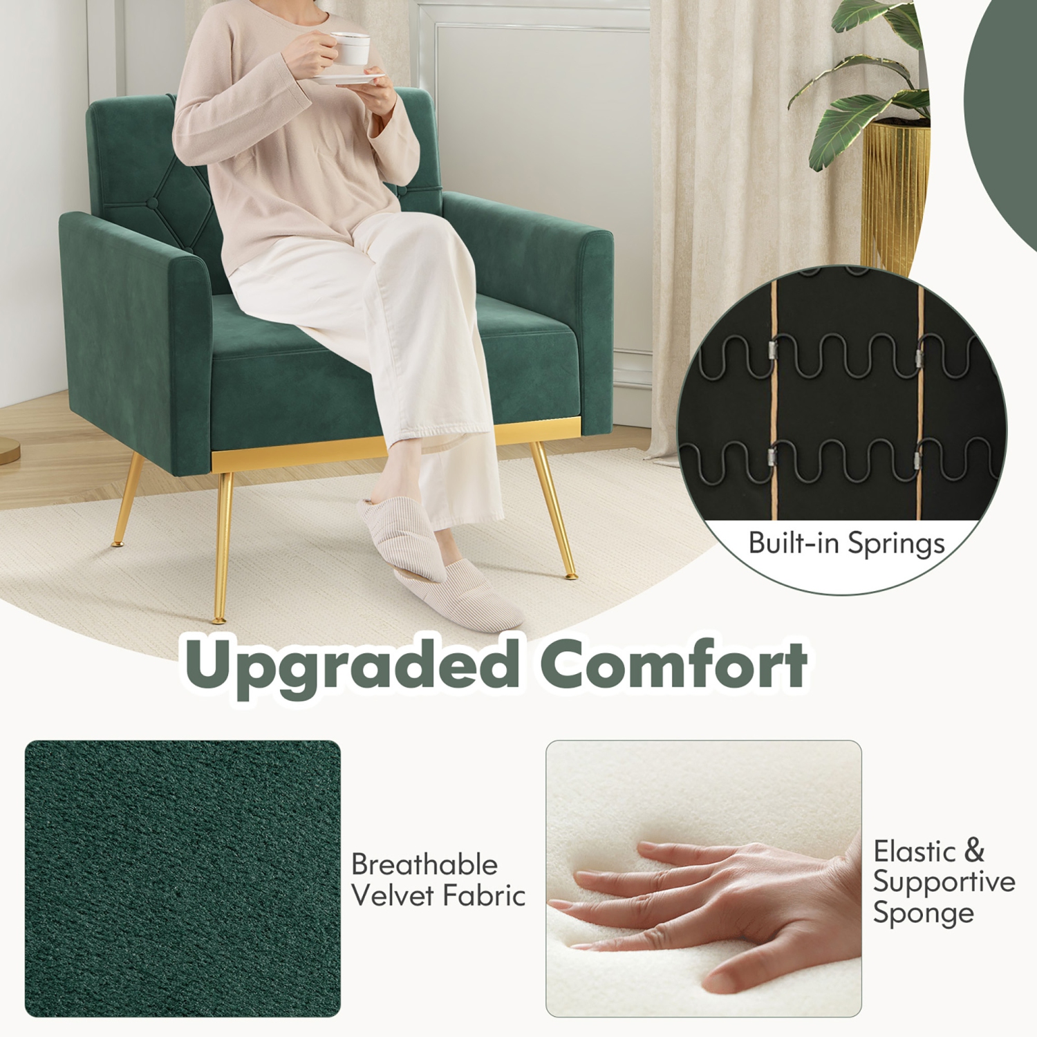 Gymax 2PCS Modern Velvet Accent Chair w/ Button Tufted Back Golden Metal Legs