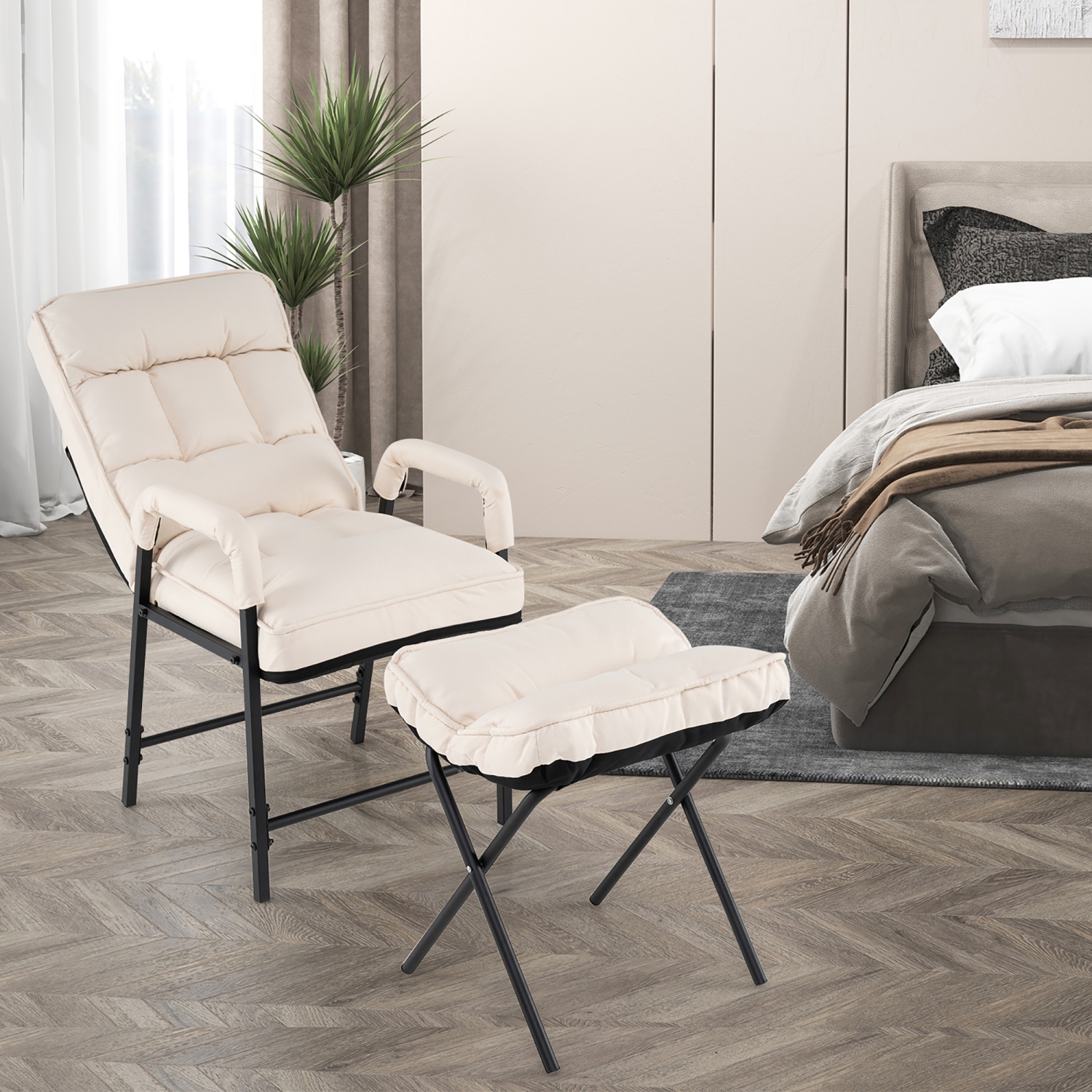 Gymax Modern Accent Chair w/ Ottoman Linen Fabric Arm Chair w/ Adjustable Backrest