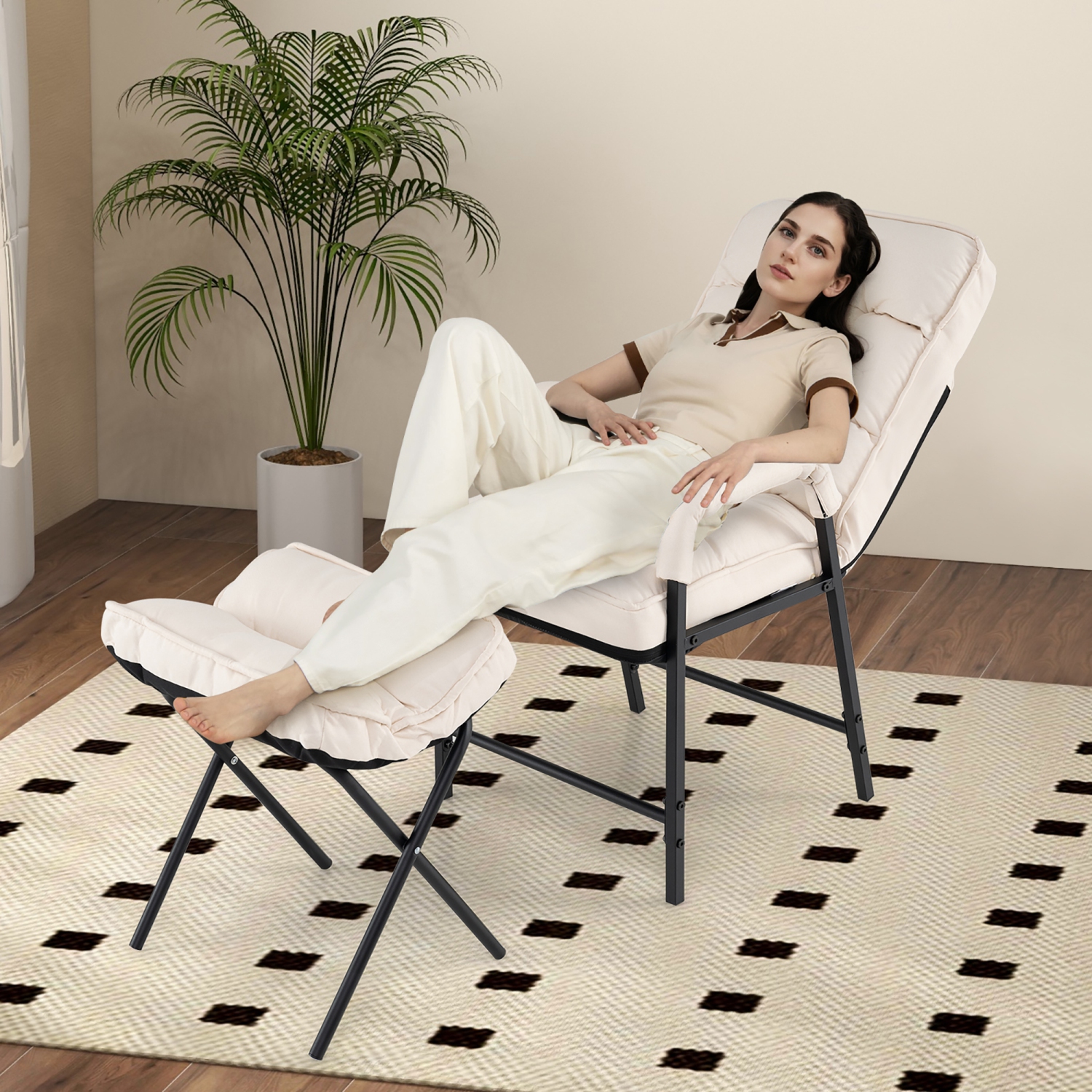 Gymax Modern Accent Chair w/ Ottoman Linen Fabric Arm Chair w/ Adjustable Backrest