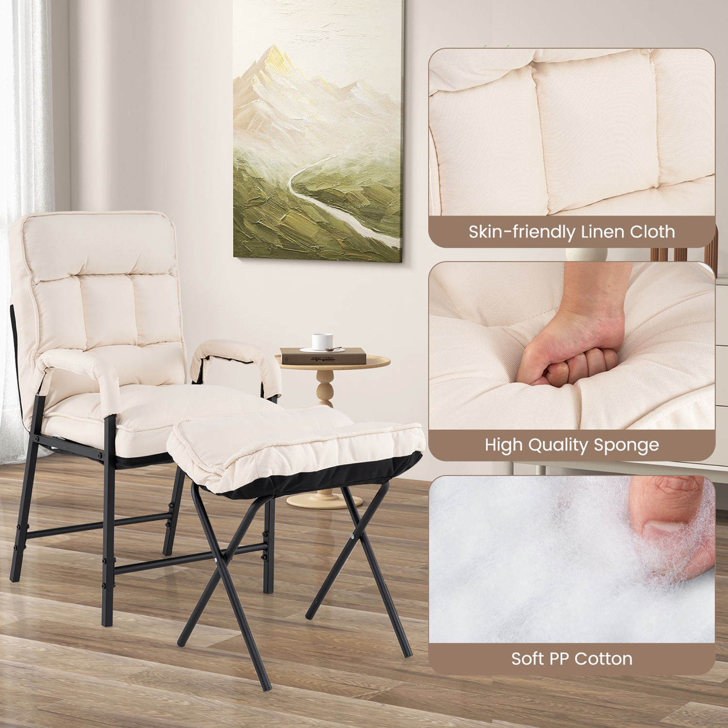 Gymax Modern Accent Chair w/ Ottoman Linen Fabric Arm Chair w/ Adjustable Backrest