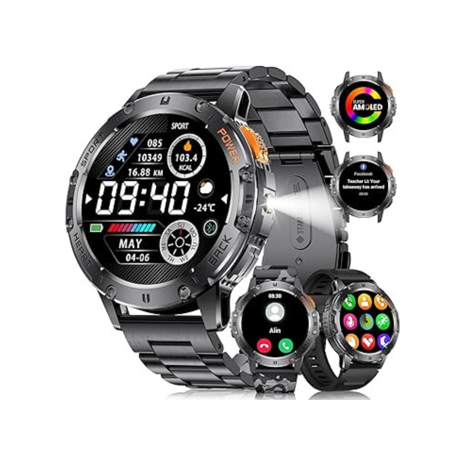 LIGE Military Smart Watch with Bluetooth Call,1.43" HD AMOLED Fitness Tracker with IP68 Waterproof 100+Sports Modes for Android iOS, 530mAh