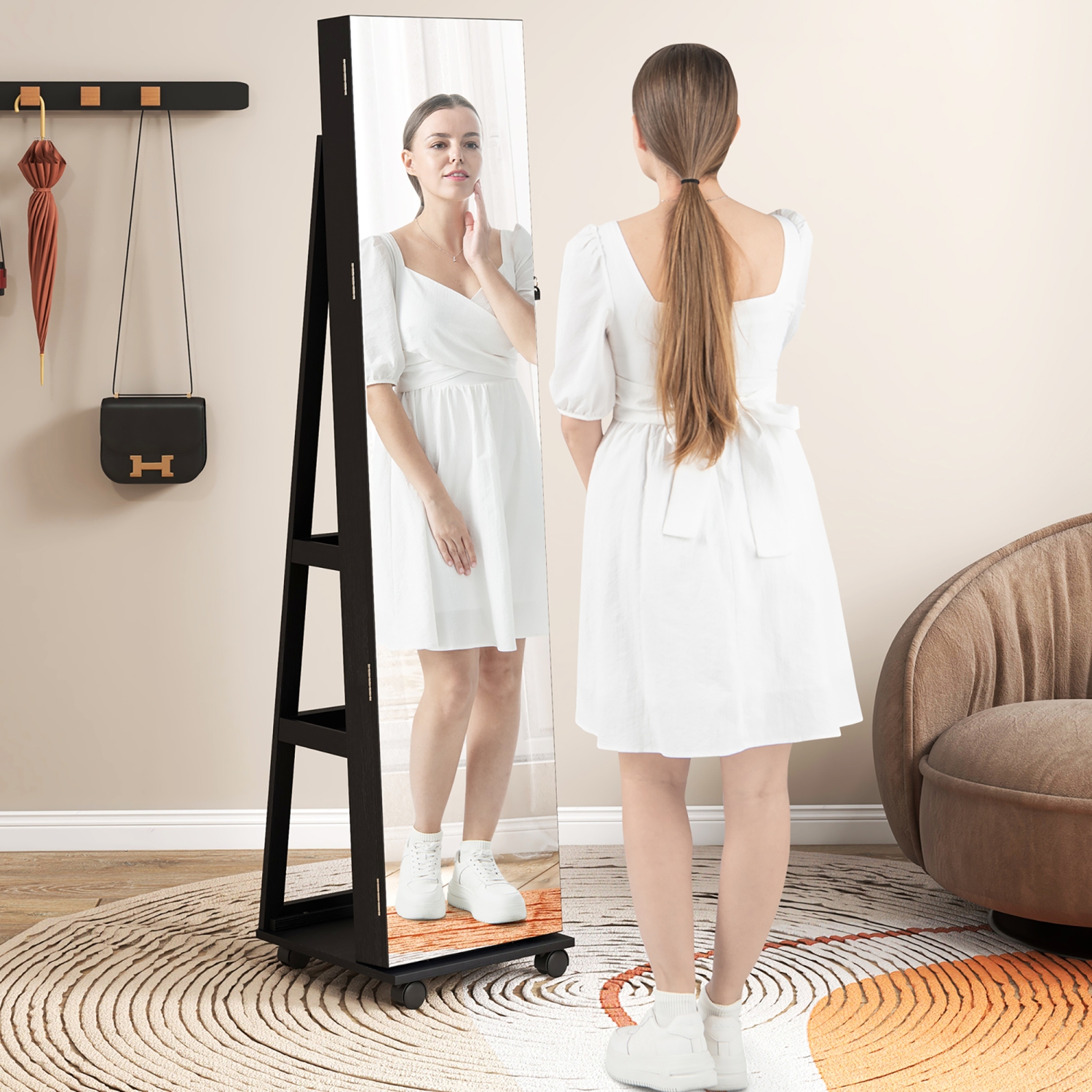 Gymax 64'' Jewelry Cabinet Armoire w/ 3-Color Lights Adjustable Shelves & Wheels