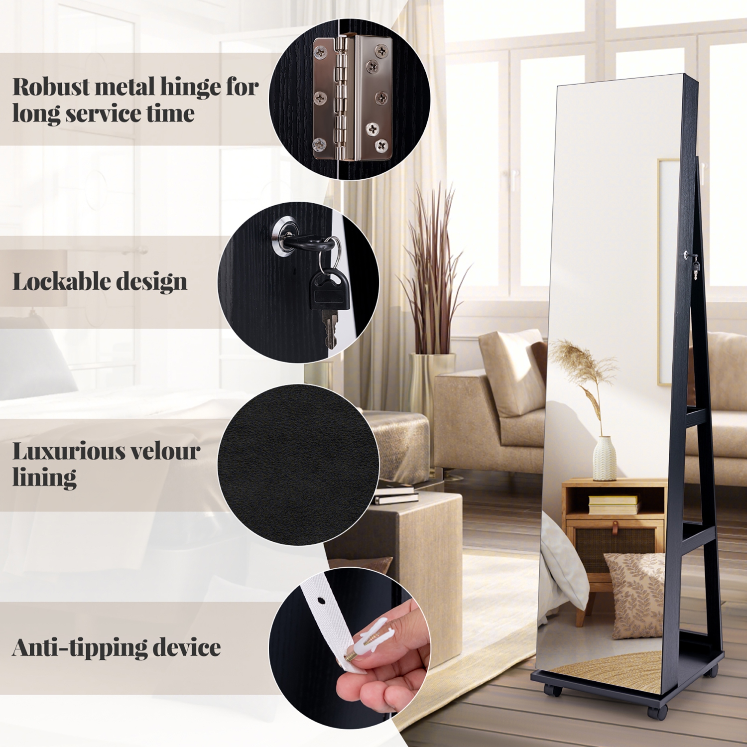 Gymax 64'' Jewelry Cabinet Armoire w/ 3-Color Lights Adjustable Shelves & Wheels