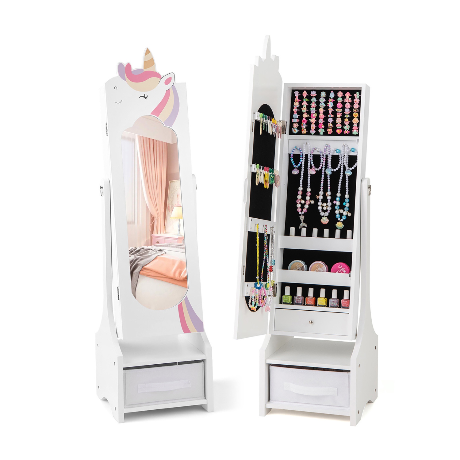 Gymax Kids Jewelry Cabinet w/ Full-Length Mirror 2 Adjustable Tilt Angles Drawer White