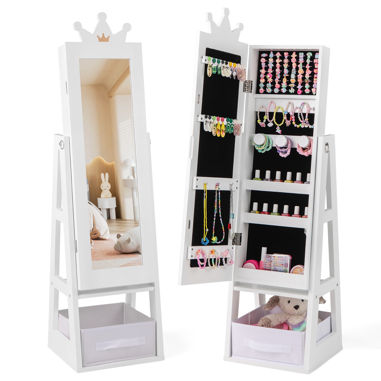 Gymax Kids Jewelry Cabinet w/ Full-Length Mirror Foldable Drawer Anti-toppling System