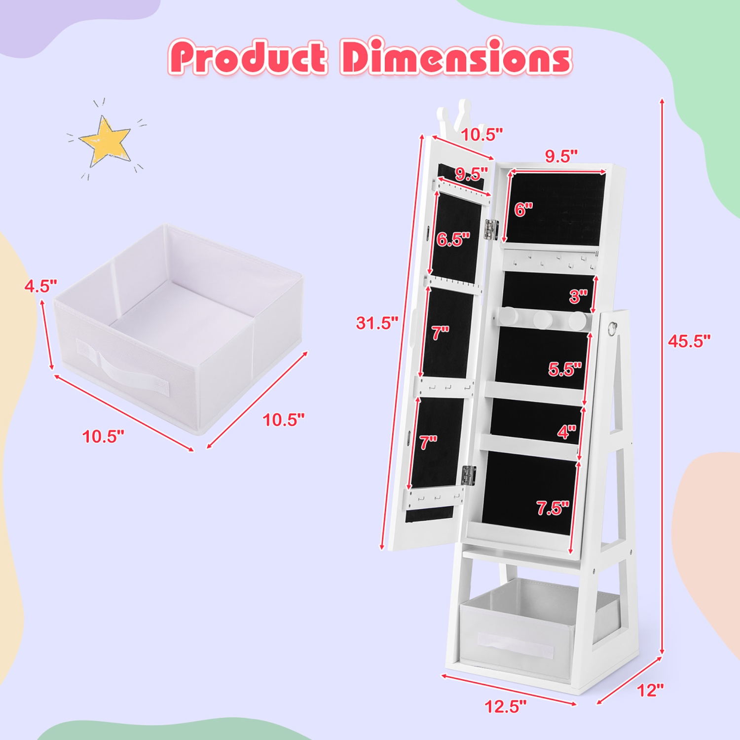 Gymax Kids Jewelry Cabinet w/ Full-Length Mirror Foldable Drawer Anti-toppling System