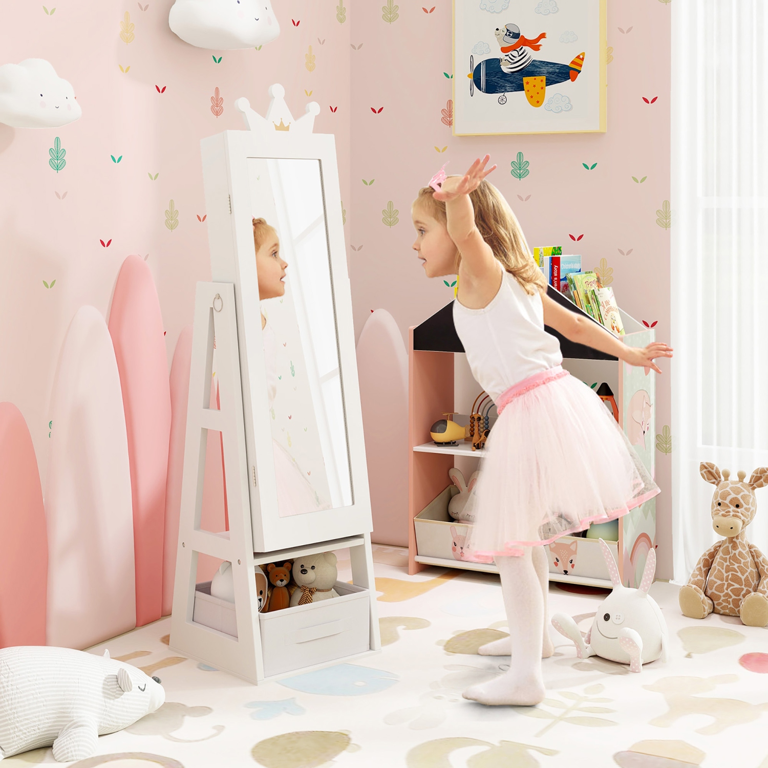 Gymax Kids Jewelry Cabinet w/ Full-Length Mirror Foldable Drawer Anti-toppling System