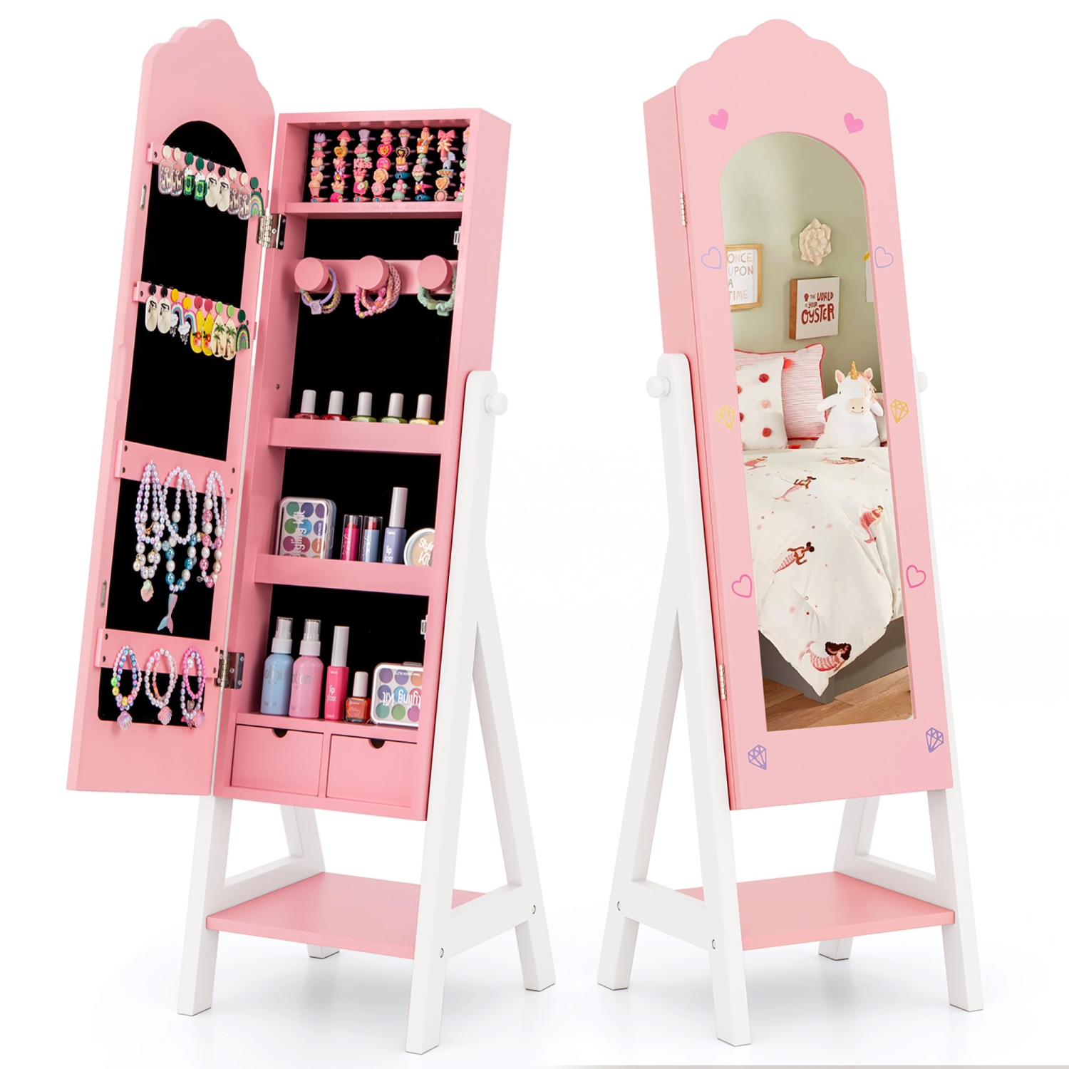 Gymax Kids Jewelry Cabinet Standing Children Jewelry Organizer w/ Full-Length Mirror Pink