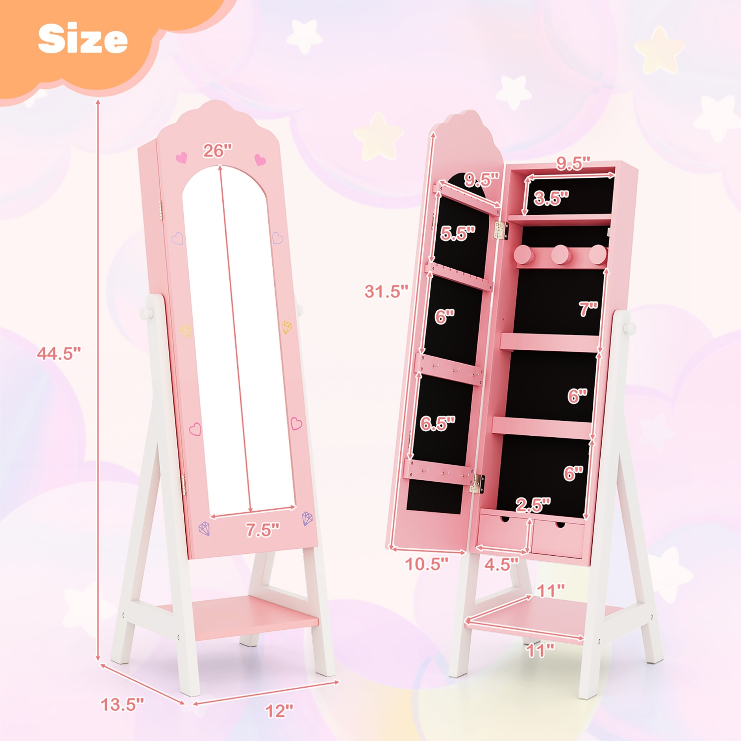 Gymax Kids Jewelry Cabinet Standing Children Jewelry Organizer w/ Full-Length Mirror Pink