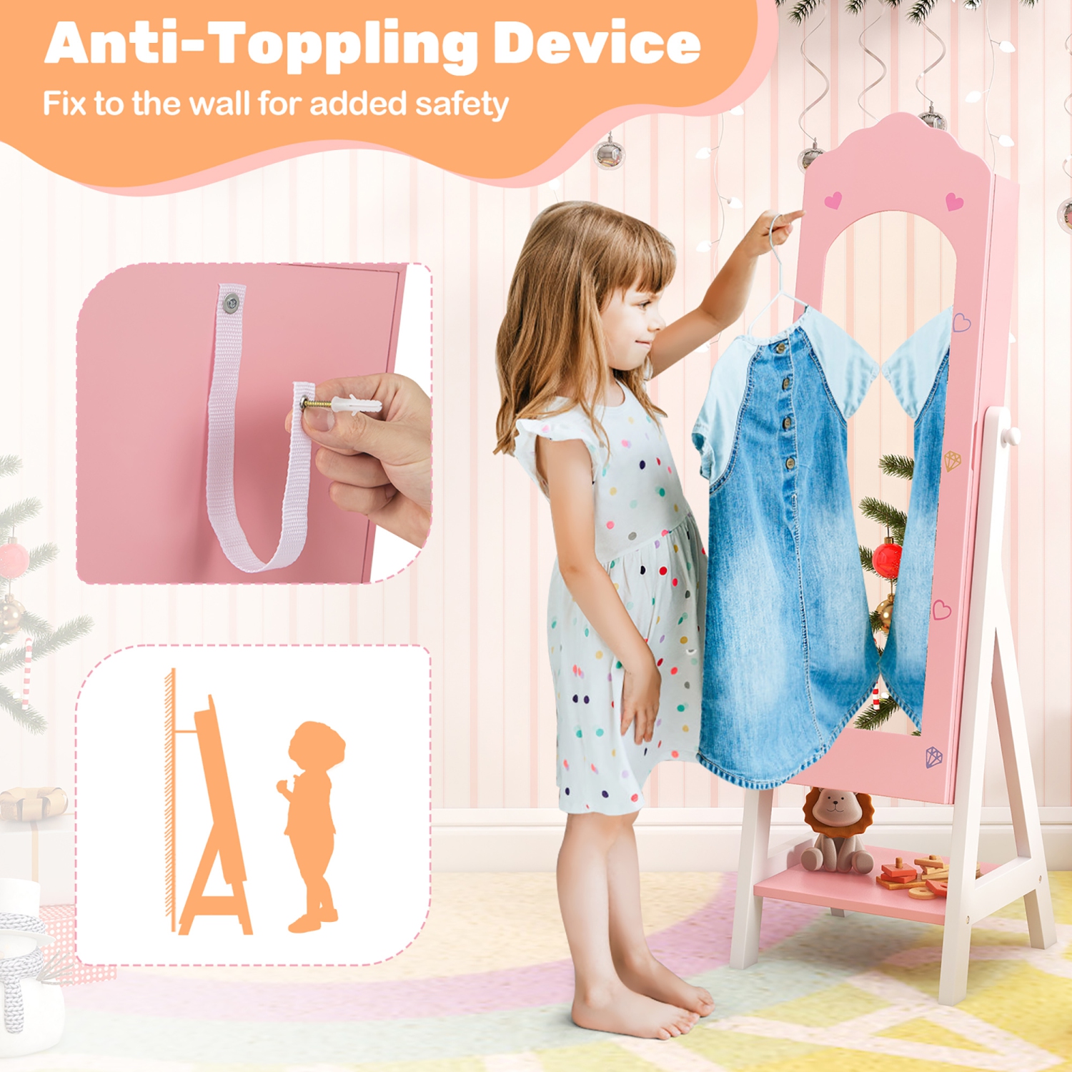 Gymax Kids Jewelry Cabinet Standing Children Jewelry Organizer w/ Full-Length Mirror Pink