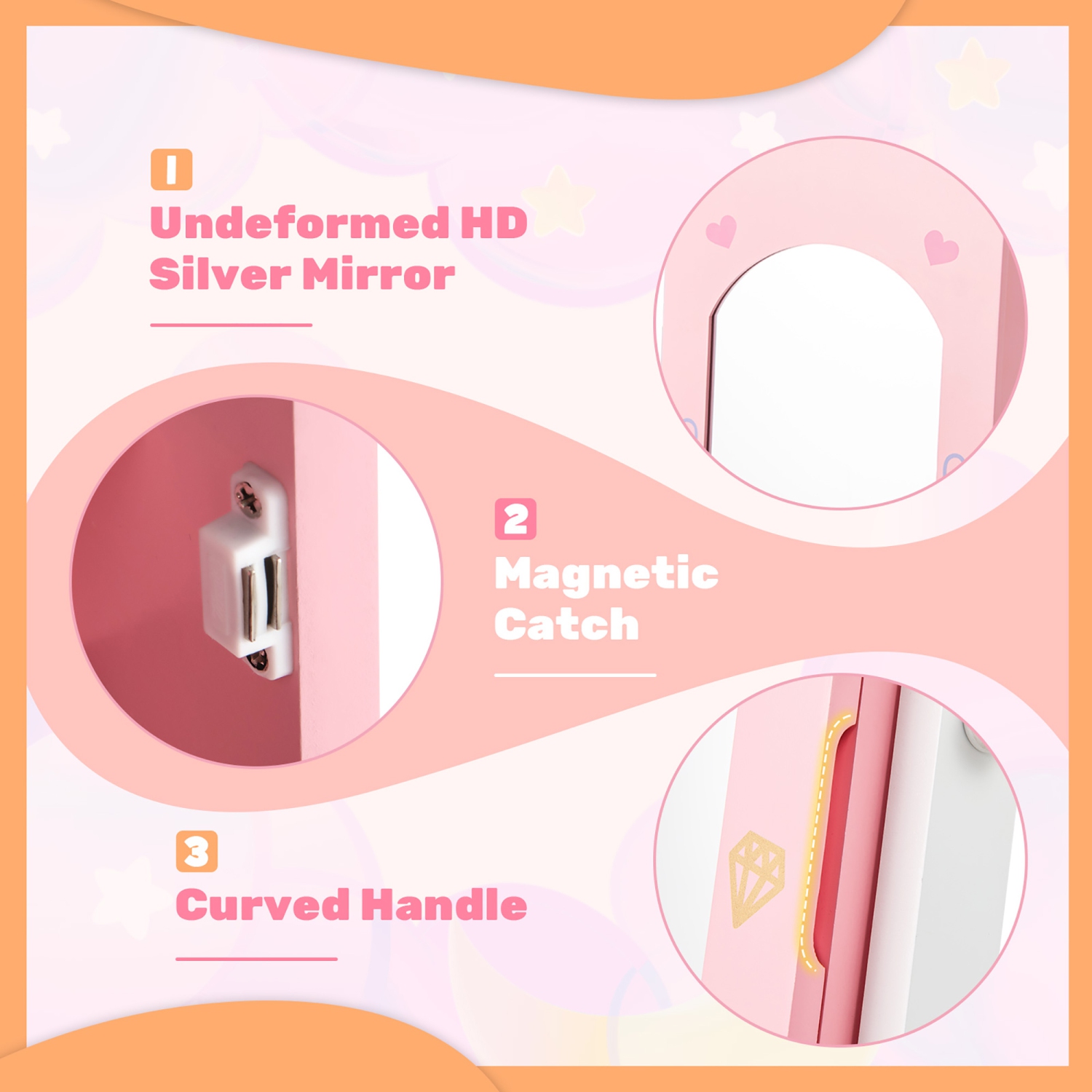 Gymax Kids Jewelry Cabinet Standing Children Jewelry Organizer w/ Full-Length Mirror Pink