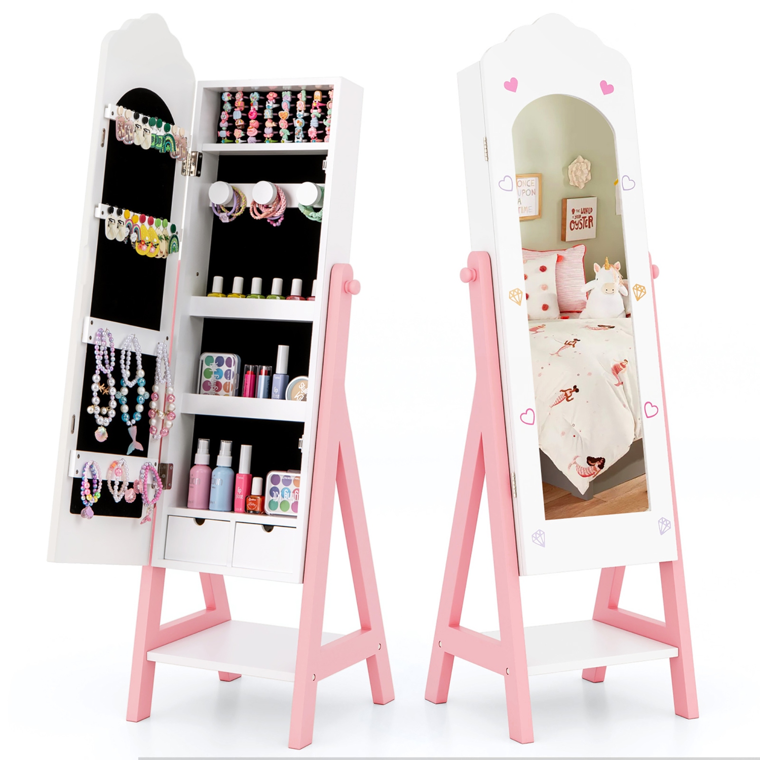 Gymax Kids Jewelry Cabinet Standing Children Jewelry Organizer w/ Full-Length Mirror