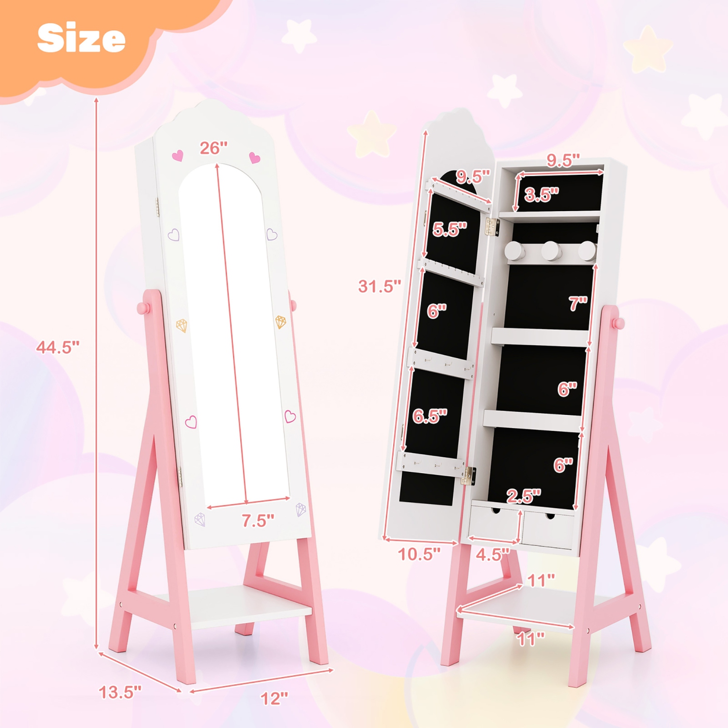 Gymax Kids Jewelry Cabinet Standing Children Jewelry Organizer w/ Full-Length Mirror