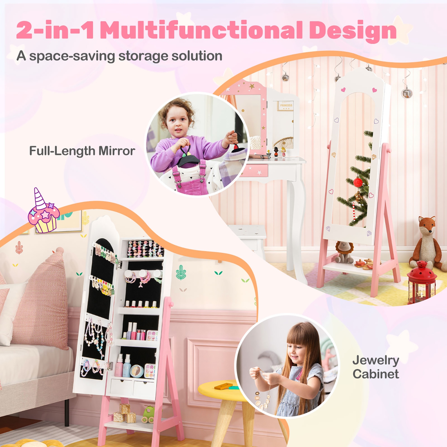 Gymax Kids Jewelry Cabinet Standing Children Jewelry Organizer w/ Full-Length Mirror