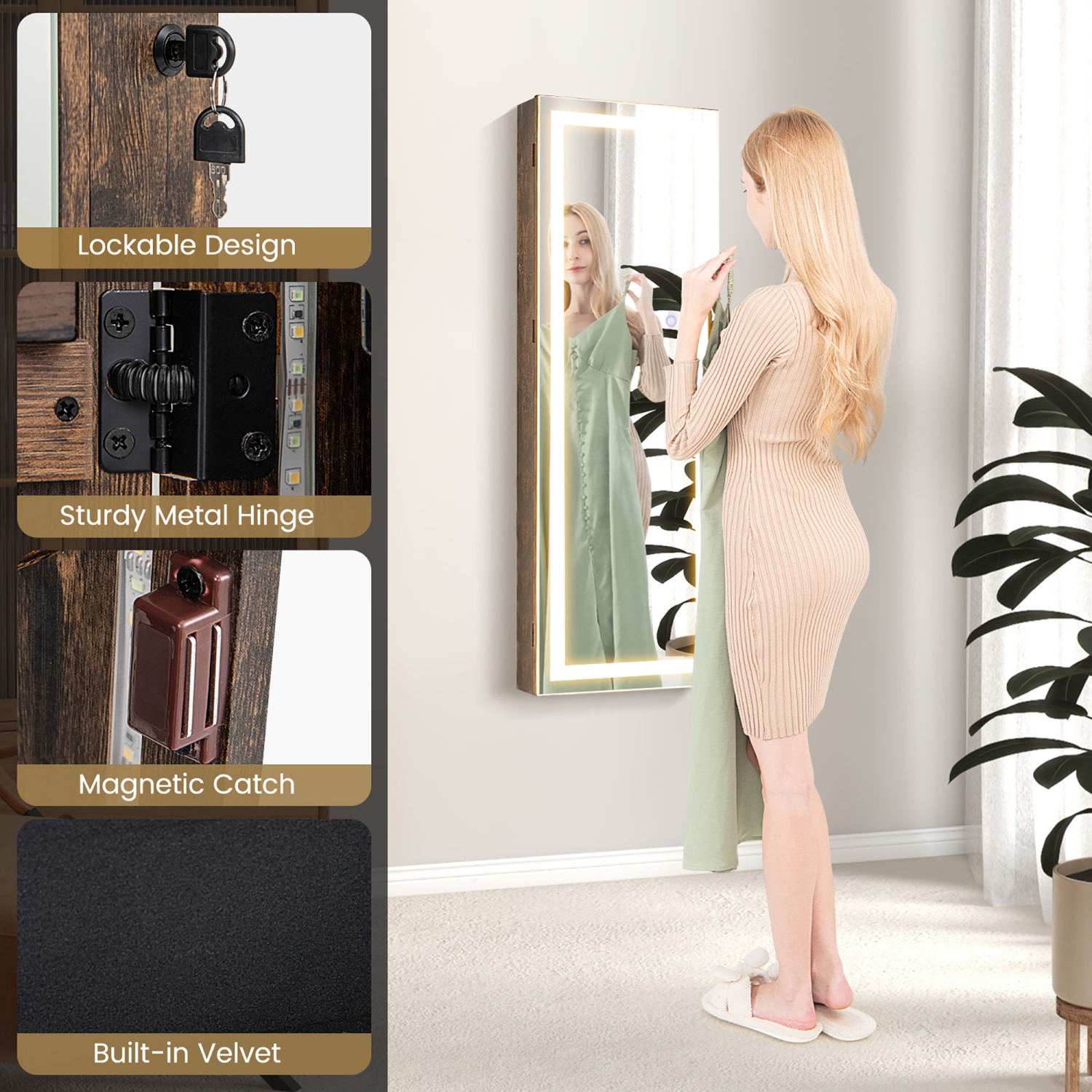 Gymax LED Mirror Jewelry Cabinet Wall/Door Mounted Organizer Armoire w/ 3 Color Light