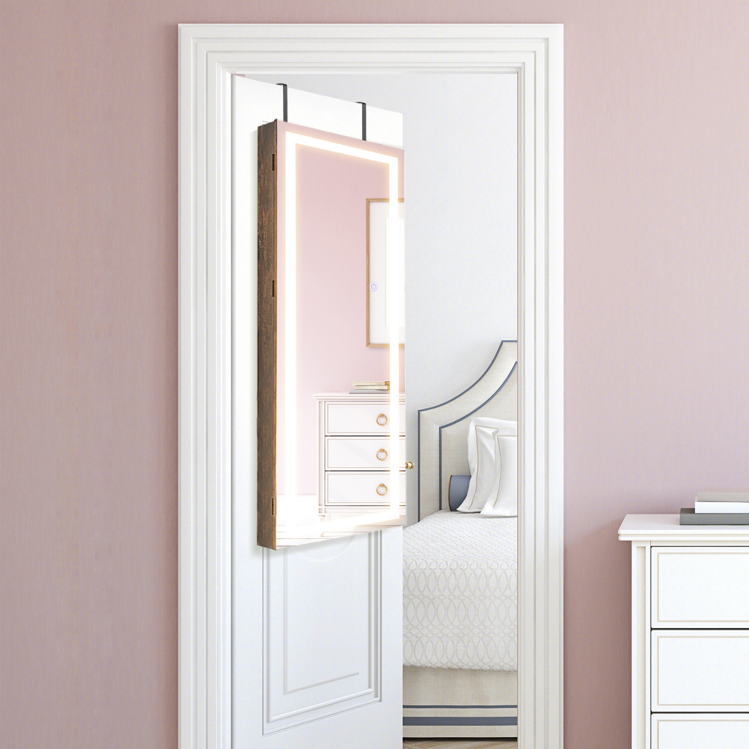 Gymax LED Mirror Jewelry Cabinet Wall/Door Mounted Organizer Armoire w/ 3 Color Light