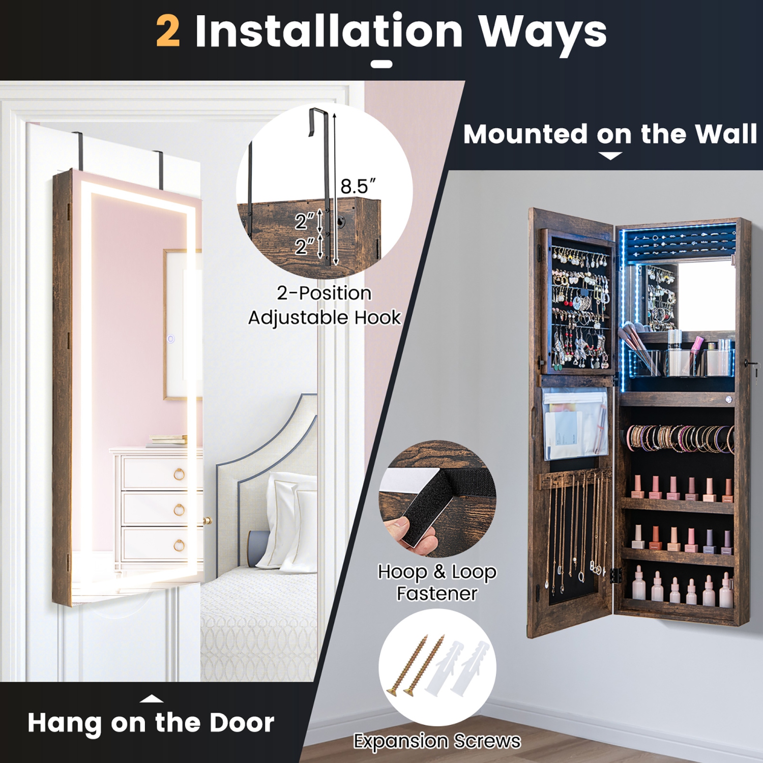 Gymax LED Mirror Jewelry Cabinet Wall/Door Mounted Organizer Armoire w/ 3 Color Light